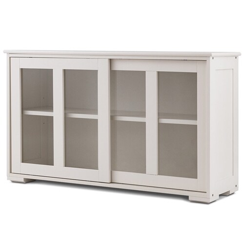 Modern White Buffet Sideboard Cabinet Kitchen Storage with Sliding Glass Doors MDF Wood 42 Inch