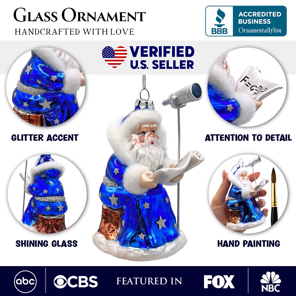 Santa the Astronomer Glass Christmas Ornament, Science and Astronomy Themed Holiday Gift
