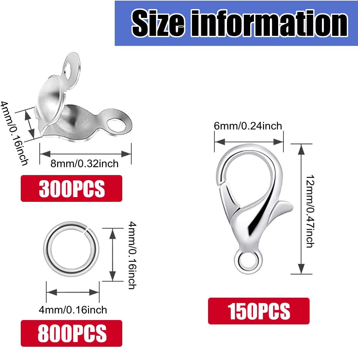 1250 Pieces Jewelry Making Accessories Set Lobster Claw Clasps (Silver)