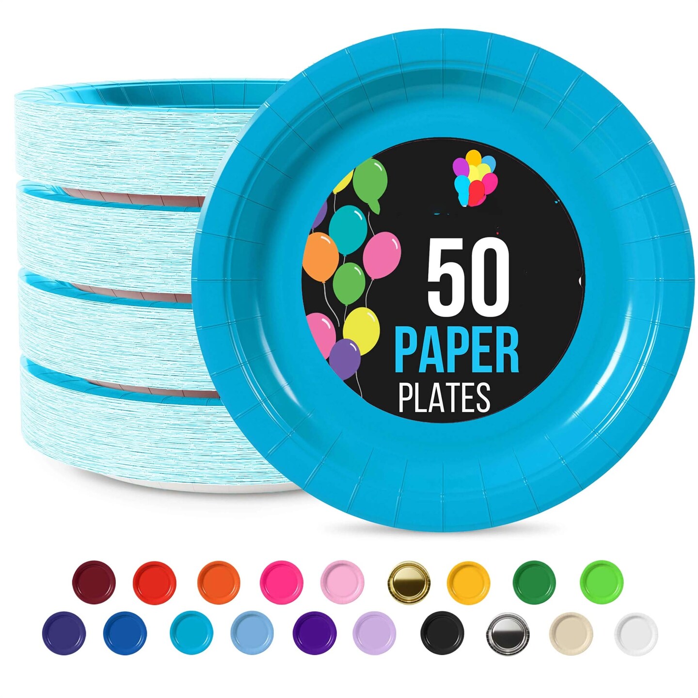 50 Count Turquoise Paper Plates Disposable Round Party Supplies Vibrant Elegant 7"