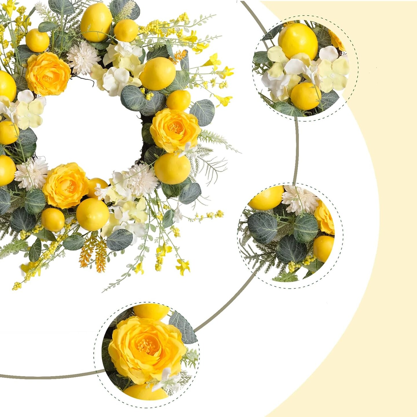 Summer 18 Inch Yellow Lemon Roses Wreath for Front Door, Eucalyptus Leaves with Hydrangea and Forsythia Flowers, Rustic Farmhouse Indoor and Outdoor Door Wreath for Home Decor