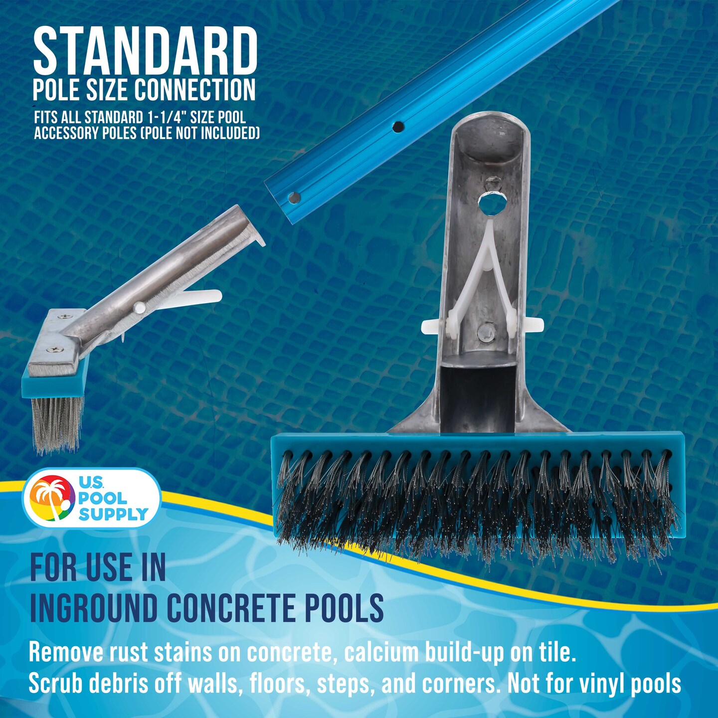 U.S. Pool Supply 5&#x22; Stainless Steel Wire Bristle Pool Brush, HD Aluminum Pole Handle - Clean Remove Rust Stains on Concrete, Calcium Build-Up on Tiles