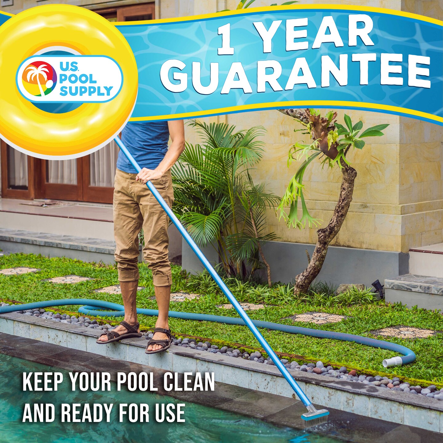 U.S. Pool Supply 5&#x22; Stainless Steel Wire Bristle Pool Brush, HD Aluminum Pole Handle - Clean Remove Rust Stains on Concrete, Calcium Build-Up on Tiles