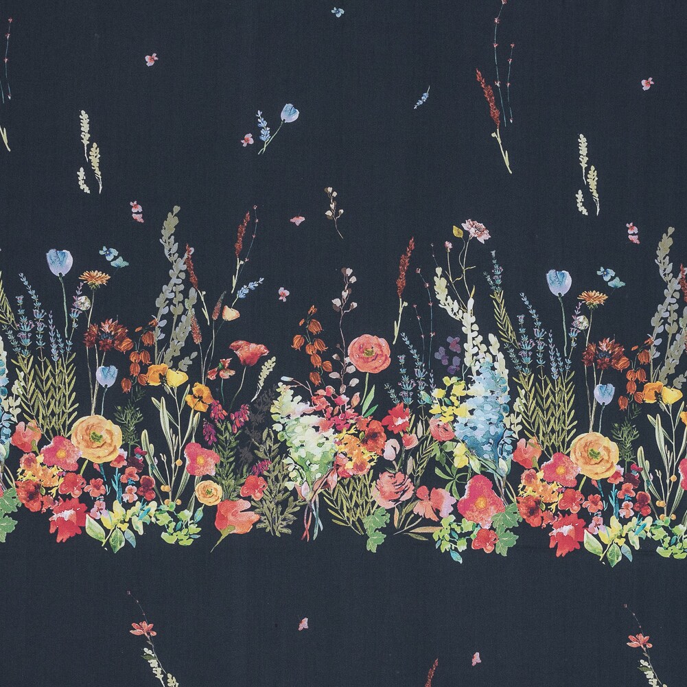 1 Panel Cotton Poplin Midnight Blue Floral Band Promenade au Pavot Print Fabric