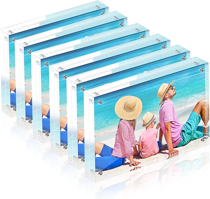 5x7 Acrylic Picture Frame Set of 6 Double-Sided Transparent Magnetic Frameless Photo Frames 20mm Thick Floating Desktop Display for Home Office Decor