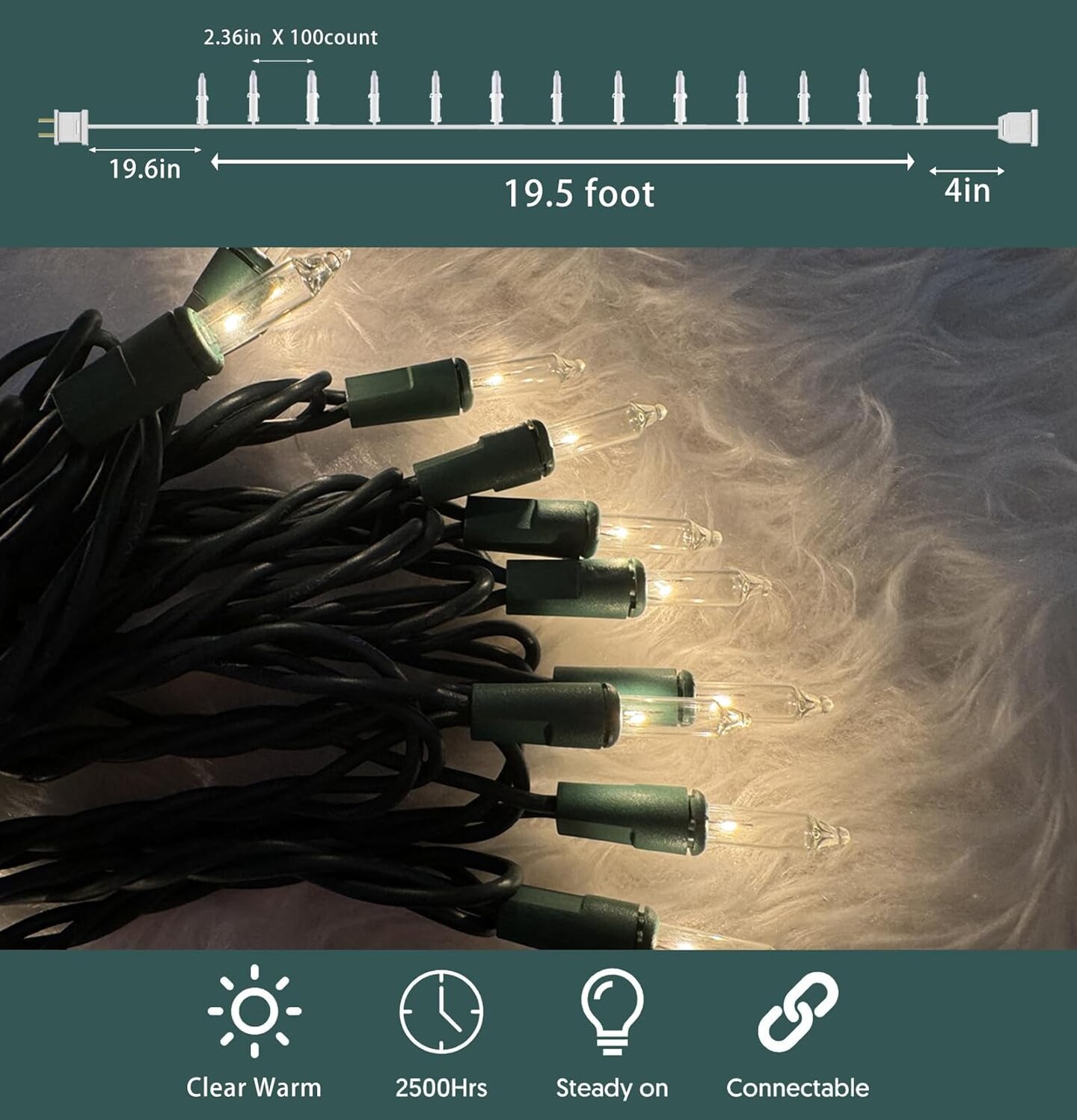 Christmas Lights 100 Count Clear Christmas Tree String Lights with Green Wire for Outdoor Indoor Christmas Decorations Wedding Decorations Valentines Day Decor,UL Certified (21feet)