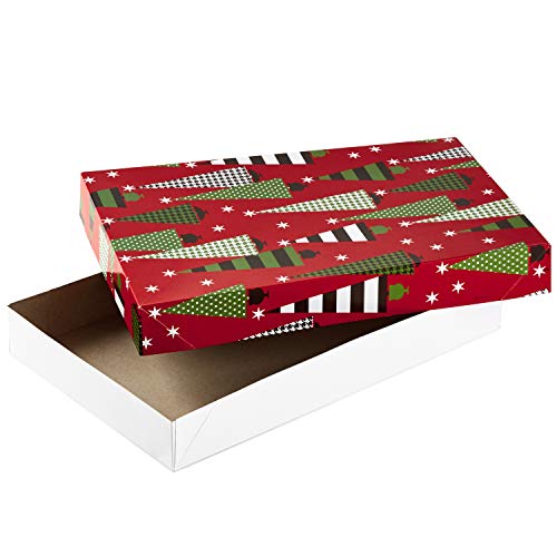 Medium Christmas Gift Boxes with Lids (12 Shirt Boxes, 4 Designs: Trees, Stripes, Snowmen, Holly) for Christmas, Holiday Parties, Hostess Gifts