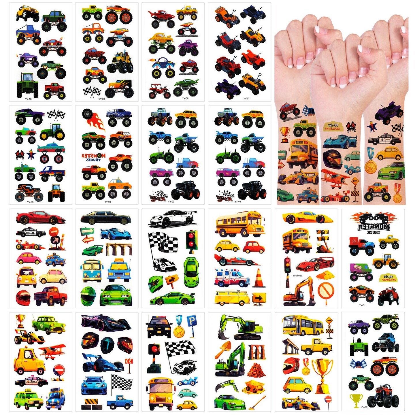 Wrapables Waterproof Temporary Tattoos for Children, 20 Sheets, Vehicles