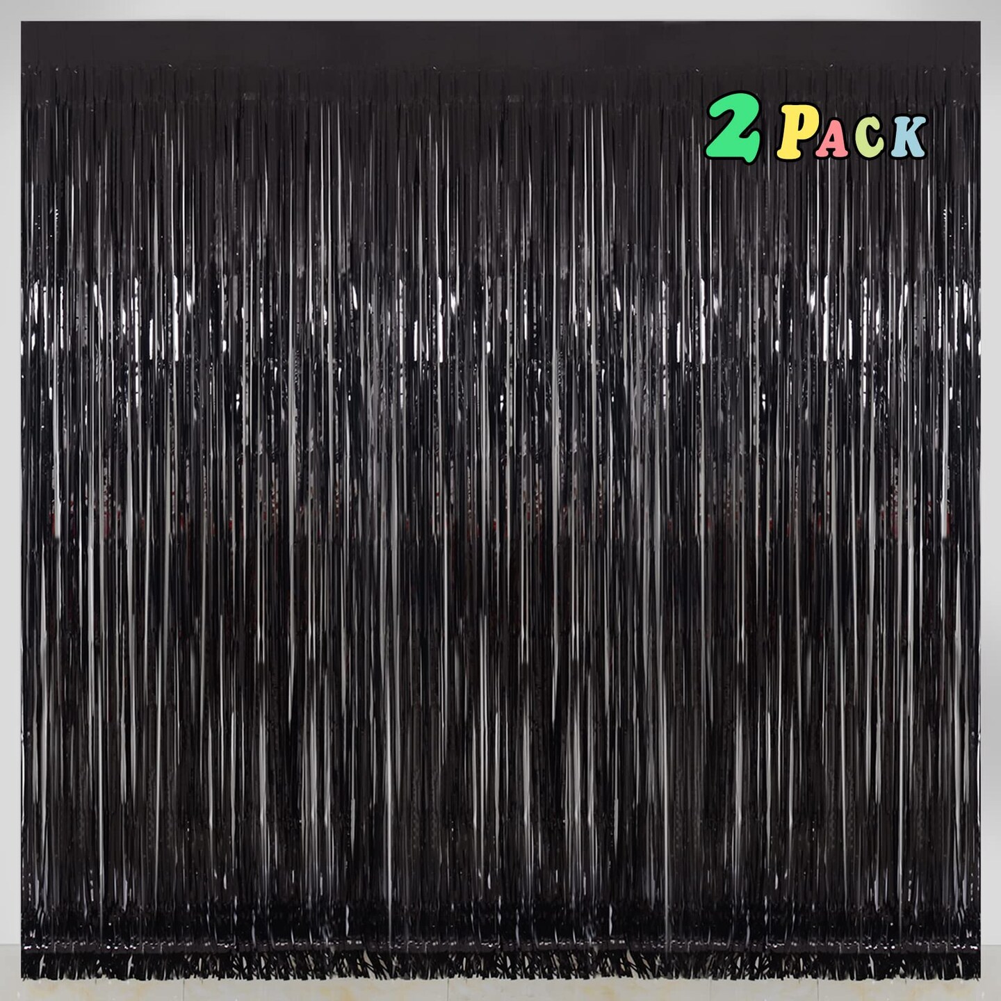 Black [Tinsel] Foil Fringe [Curtain] s, Melsan 3.2 x 8 ft Streamer Backdrop for Birthday, Graduation, Fiesta, Halloween [Party] Decor - Pack of 2 &#x26; Organizer Storage Tote Bag