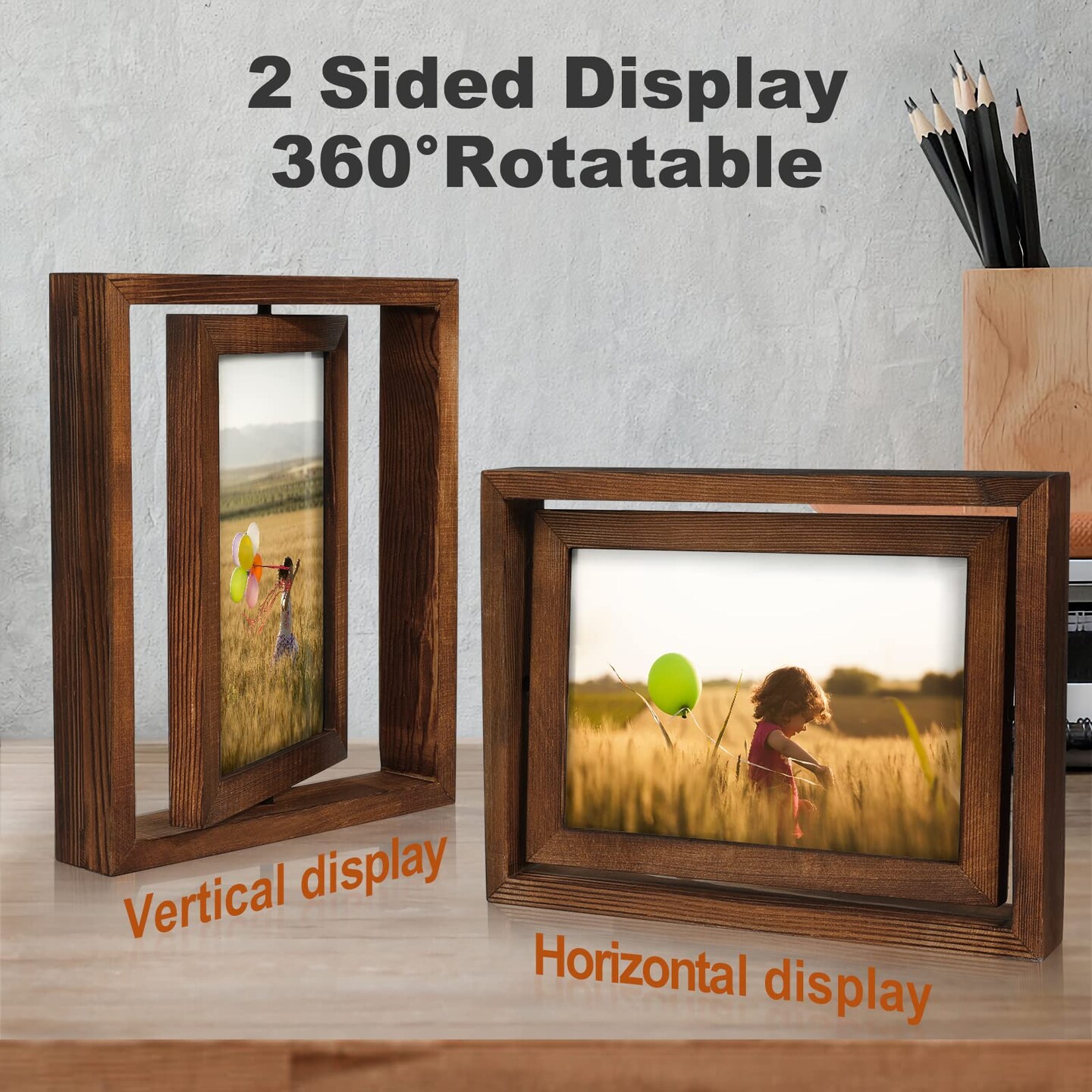 2 Pack 5x7 Rotating Floating Picture Frames,Double-Sided Display with HD Glass Front Wooden Distressed Frame for Vertical or Horizontal Tabletop Display, Carbonization