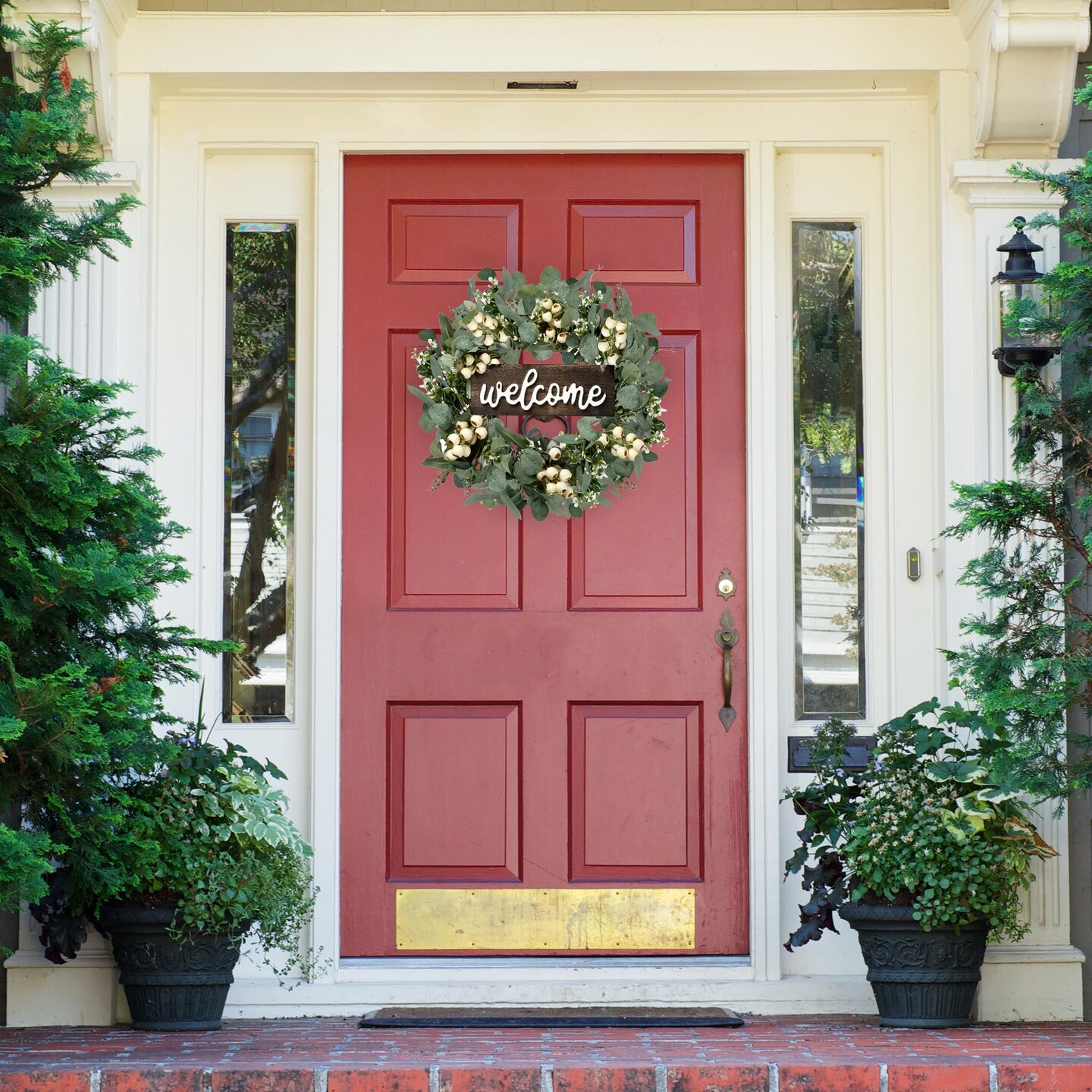 Green Artificial Eucalyptus Wreath with Welcome Sign 20in Spring Summer Wreath with White Berries for Front Door Wall Window Festival Porch Farmhouse Patio Garden Decor