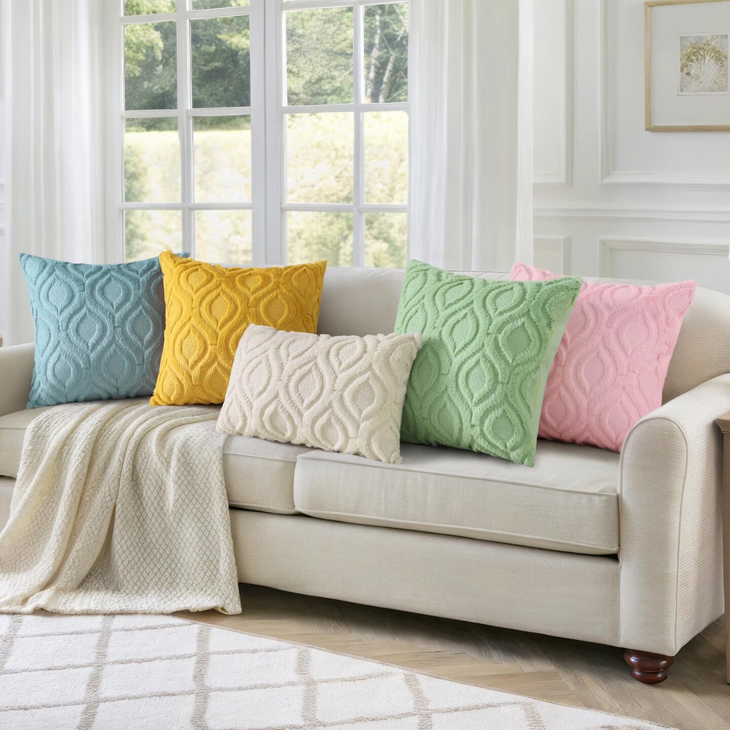 Throw Pillow Covers 18x18 Inch Set of 2, Soft Plush Faux Wool Beige Couch Pillow Covers, Solid Dyed Accent Pillow Cases for Sofa Bed Living Room Home Decor