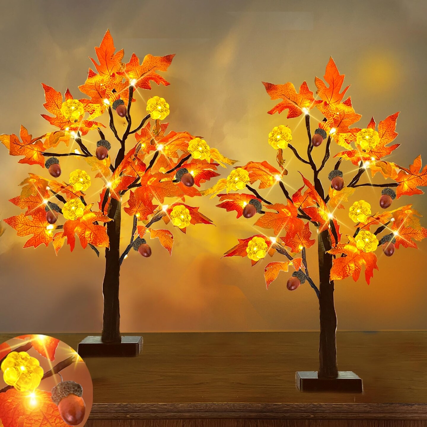 [ 2 Pack &#x26; Timer ]   24 Inch Lighted Maple Tree Fall Decor, Total 48 LED Battery Operated Tabletop Artificial Tree Design Patent Pumpkin &#x26; Acorn Thanksgiving Halloween Decoration Home Indoor  &#x26; Organizer Storage Tote Bag
