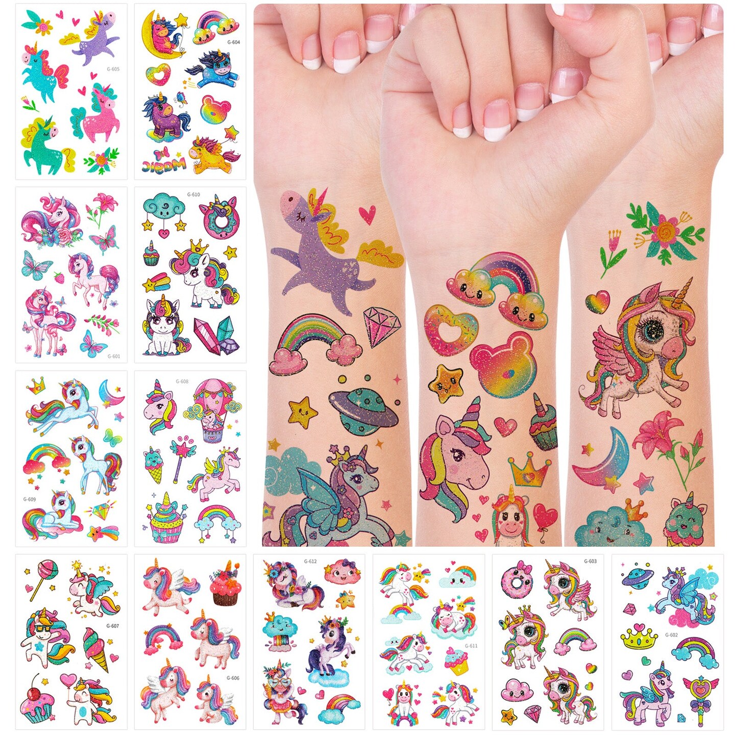 Wrapables Waterproof Glitter Temporary Tattoos, Birthday Party Favors and Supplies, Goodie Bag Fillers, 12 Sheets Unicorns