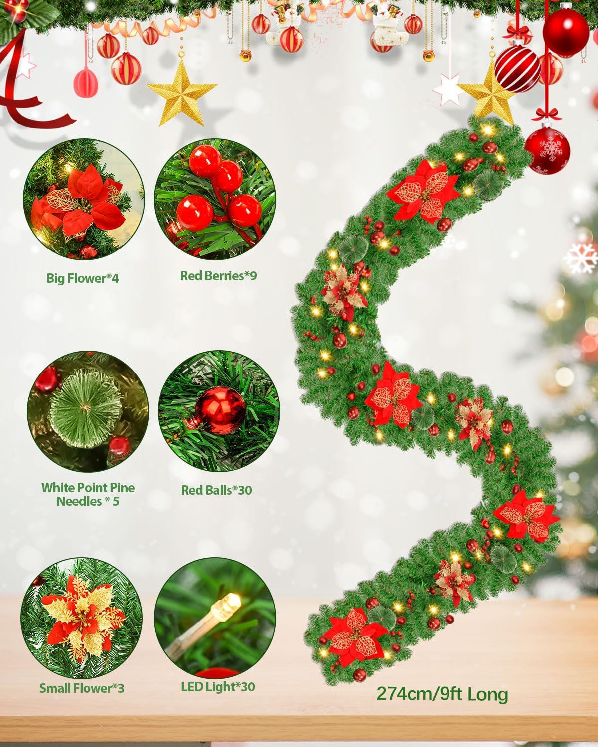 Christmas Garland, 9ft Pre-lit Christmas Decorations Garland with Lights for Front Door, Artificial Green Rattan, for Xmas Tree, Mantel Stairs Home Indoor Outdoor Christmas Decor Wreath (Red)