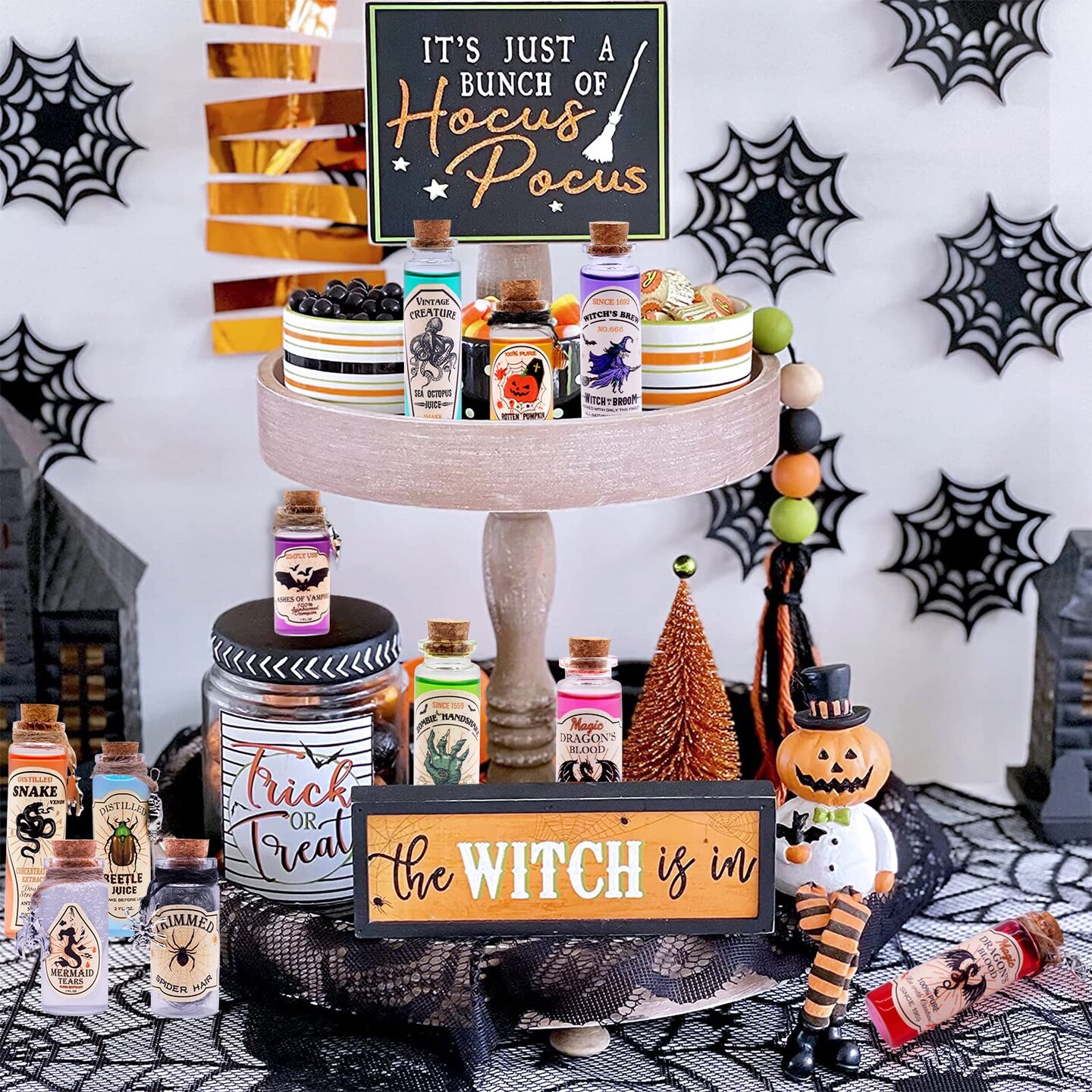 99 Pcs Apothecary Bottles Set with Halloween Stickers &#x26; Pendants - Tiered Tray Decor for Indoor Halloween Party Supplies