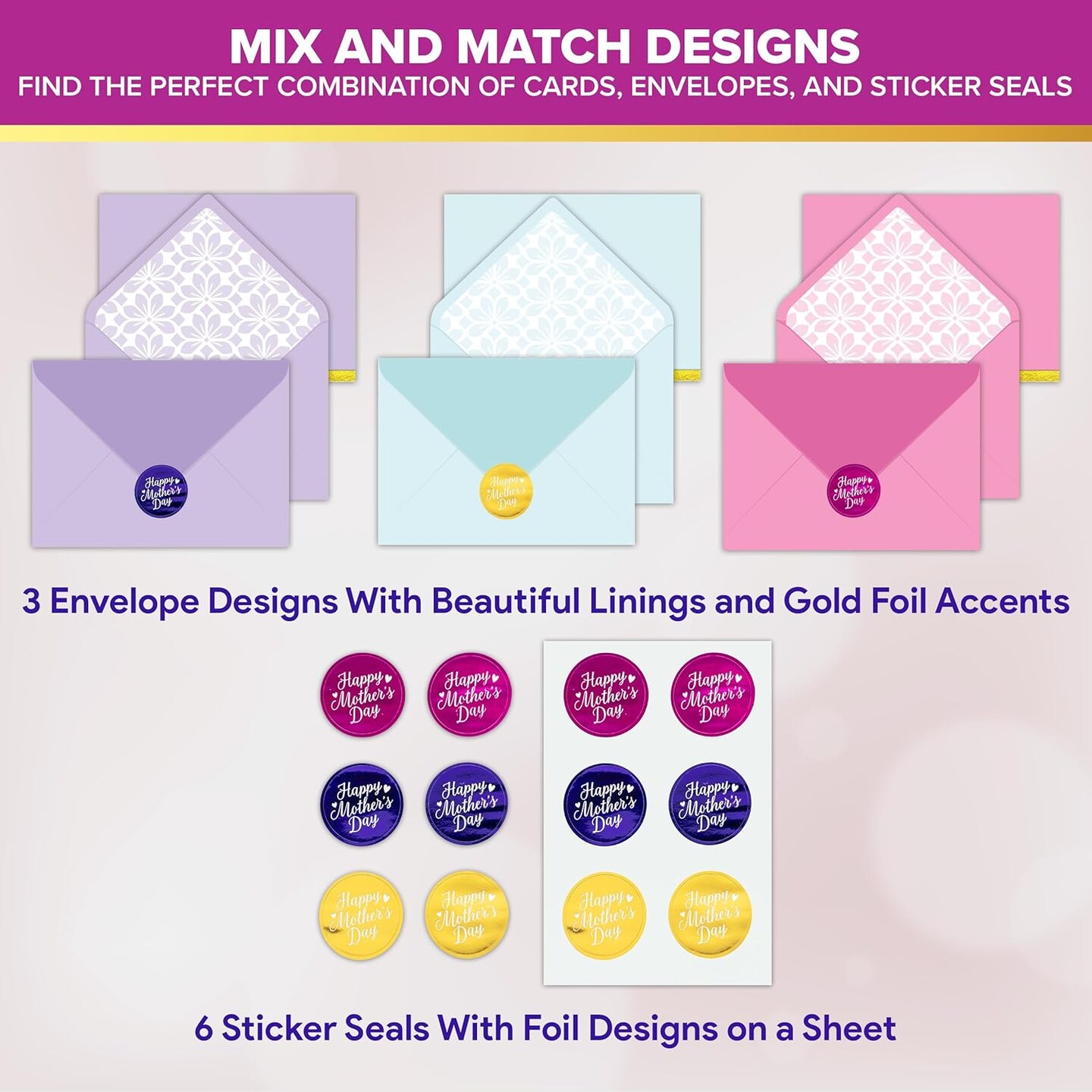 6-Pack Foiled 5x7 in Mother’s Day Cards with Envelopes & Stickers – 3 Elegant Floral Designs, Printed Messages Inside