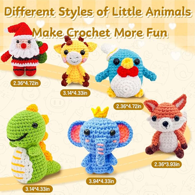 6 Pack Christmas Crochet Kit for Beginners Adults & Kids, Animal Crochet Patterns with Video Tutorial, DIY Starter Kit Includes Yarn, Hook, Gift for Craft Lovers