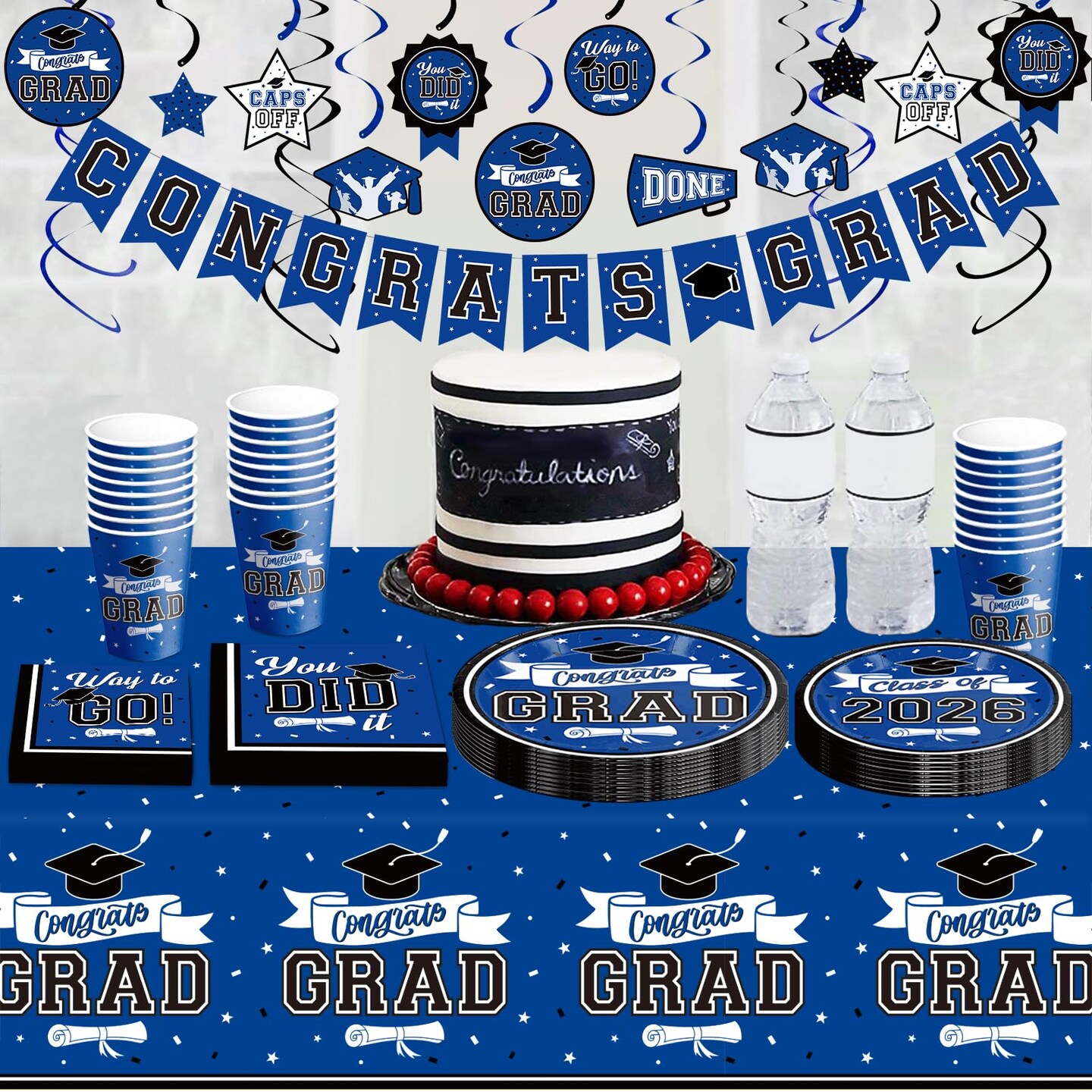 Graduation Decorations 2026 Blue, 265pcs Graduation Party Decorations 2026, Disposable Tableware Set for 50 Guests, Plates, Cups, Tablecloth with Congrats Grad Hanging Decor