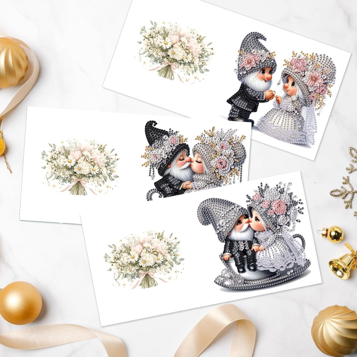 6-Pack Gnome Diamond Painting Greeting Cards – 5D DIY Craft Kit for Handmade Wedding, Anniversary, & Special Occasion Cards with Envelopes