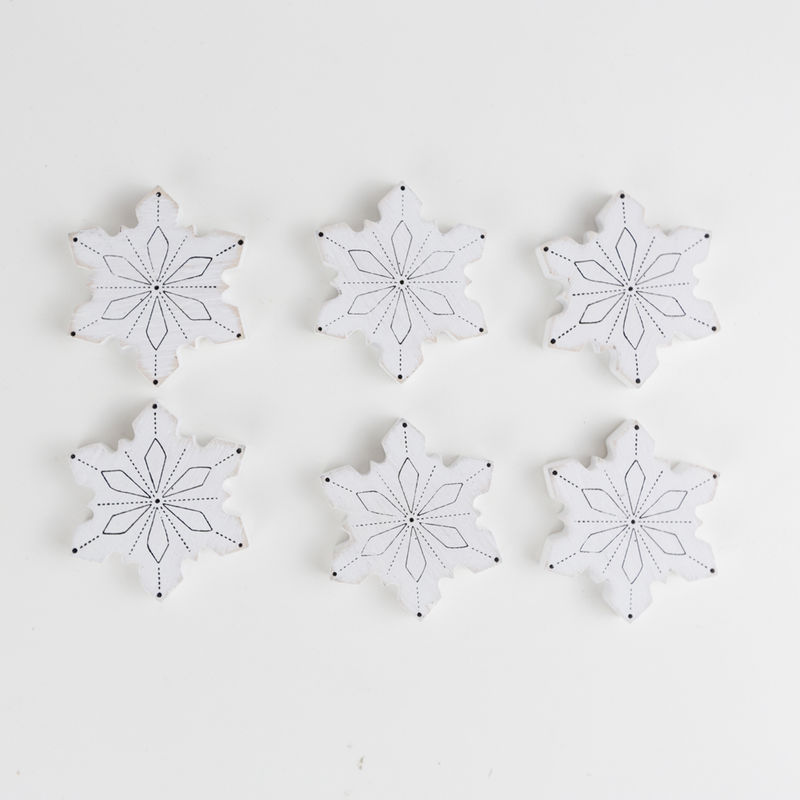 2x2x.25 wood shapes set of six (SNOWFLAKES) white, black Mid Century Christmas Collection
