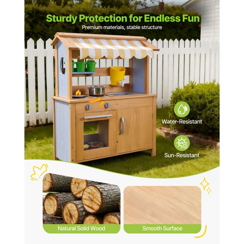 Natural Fir Wood Kids Mud Kitchen with Sunshade and 2 Gas Stoves