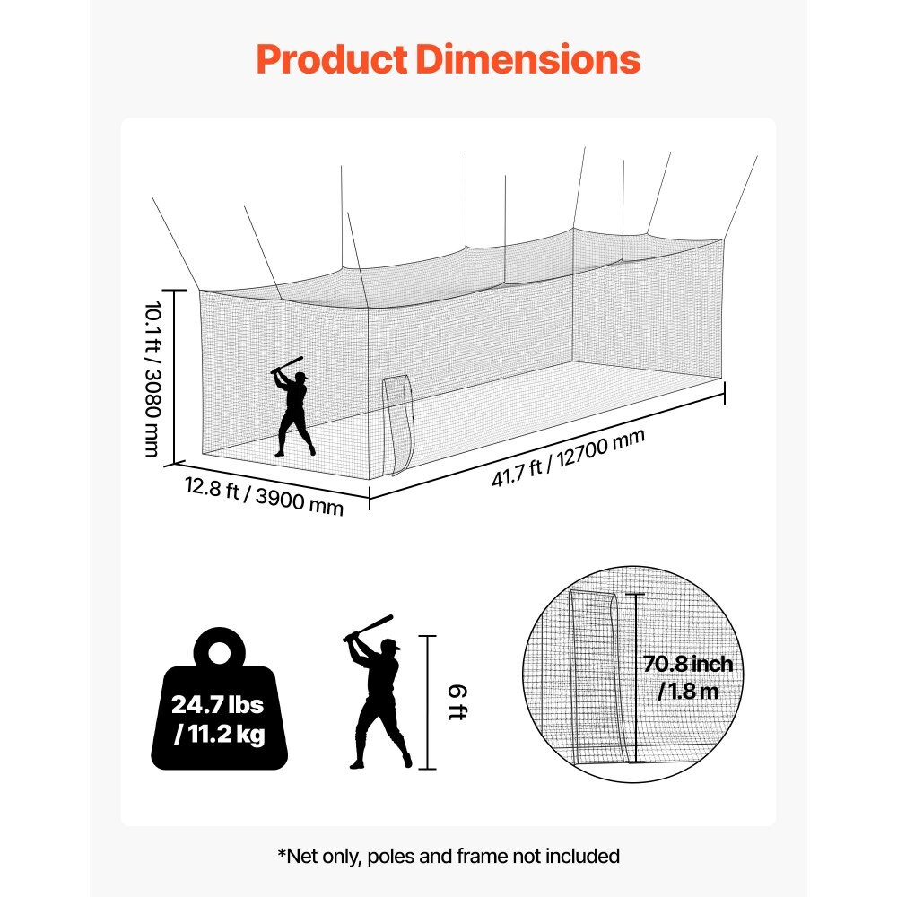Black HDPE Batting Cage Net 41.7x12.8x10.1 ft Baseball Training