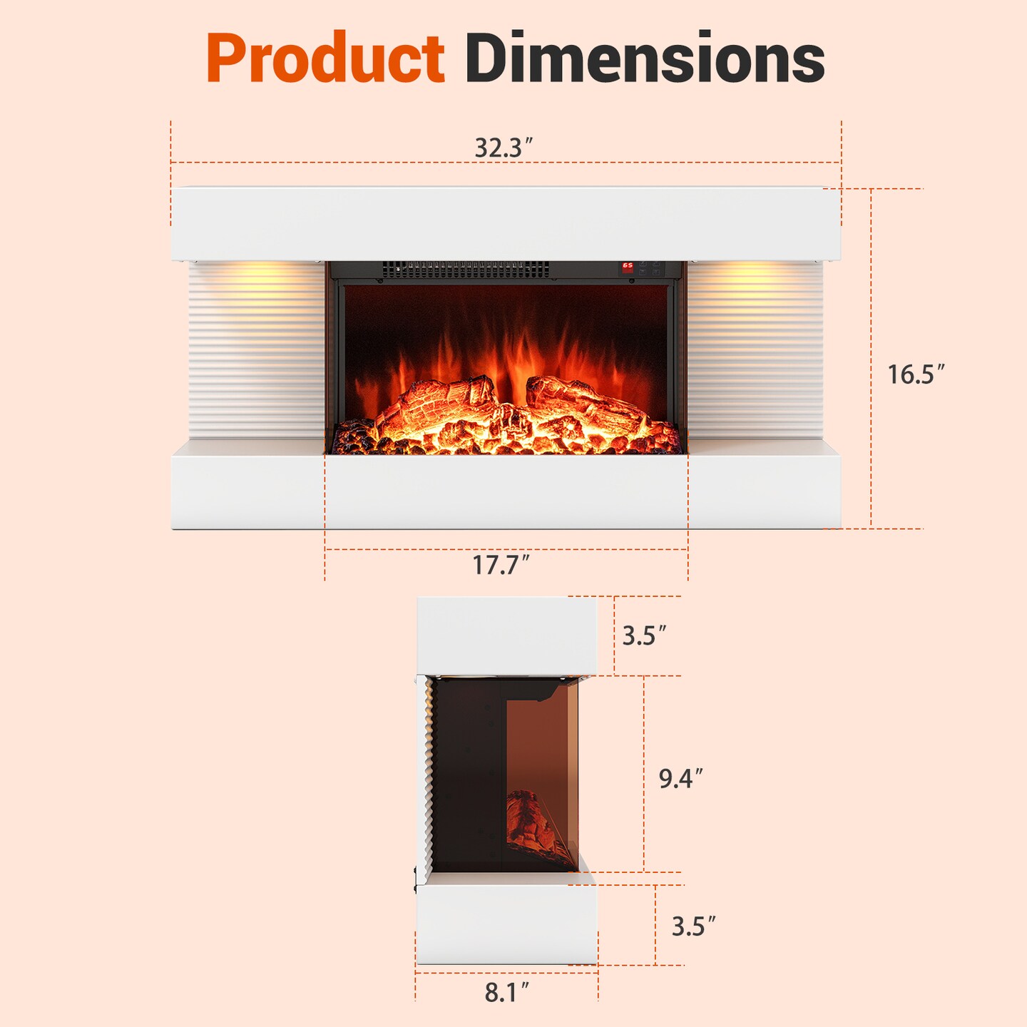 5000 BTU Modern Wall Fireplace with Floating Mantle and LED Flame Colors Remote Control