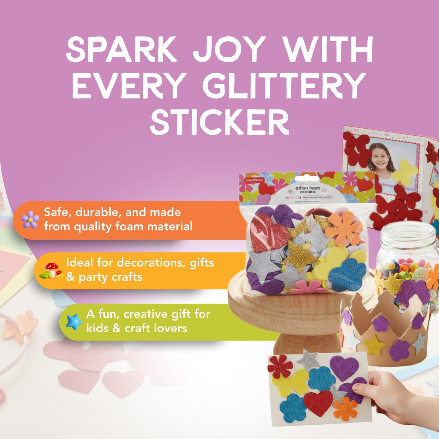 Incraftables Glitter Foam Stickers for Kids Self Adhesive 100pcs. Assorted Foam Flower Stickers, Heart Stickers, Star Glitter Stickers & Butterfly Sparkly Stickers for Arts & Crafts for Kids & Adults