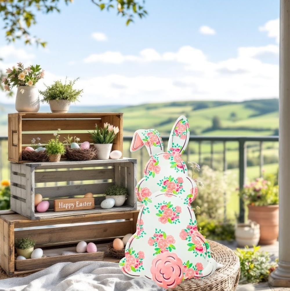 Large 29" Metal Bunny Sign with Hanger for Easter Wreaths, Baby Showers, Crafts and Spring Decorations (Floral Flower Print - Pink, White, Green, 29" x 15.2")