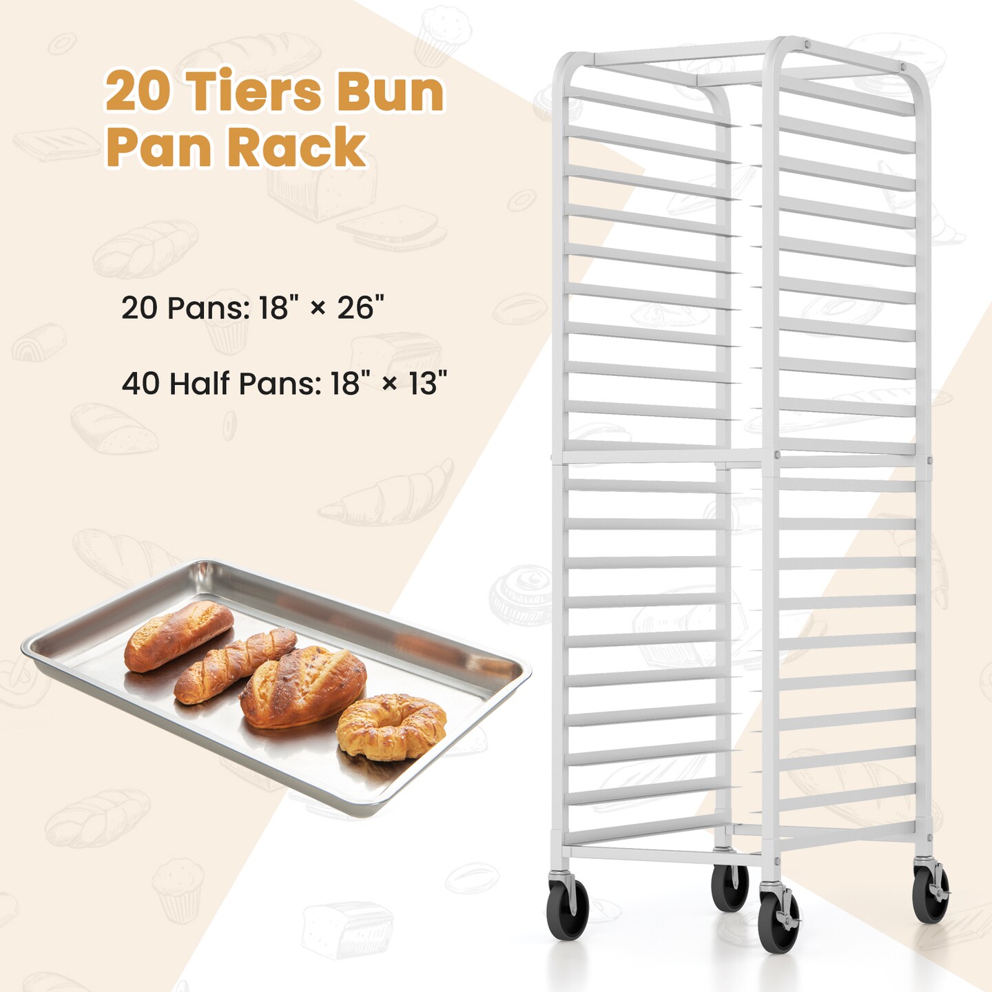 Silver Aluminum 20-Pan Rack with Rubber Wheels and 500 lbs Weight Capacity