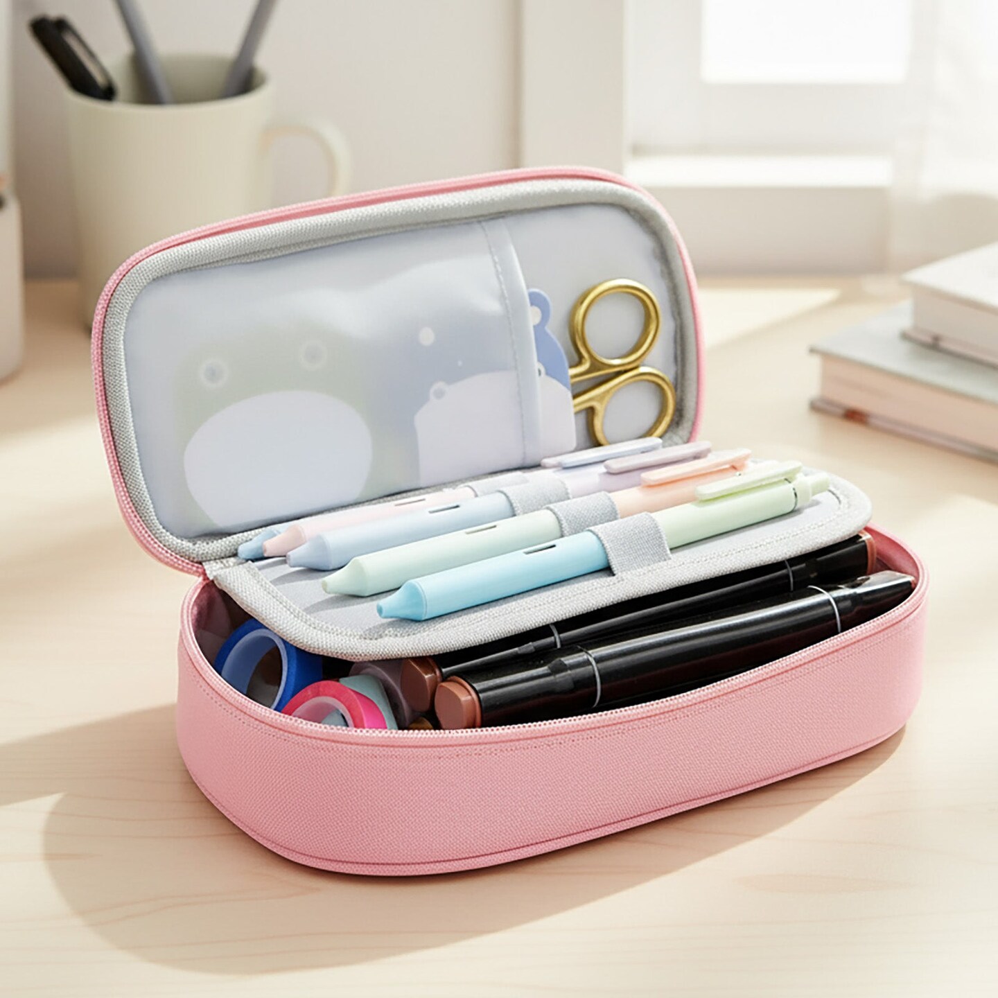 Wrapables Simple Large Capacity Double Compartment Pencil Case, Pencil Pouch for Stationery Tools, Pink