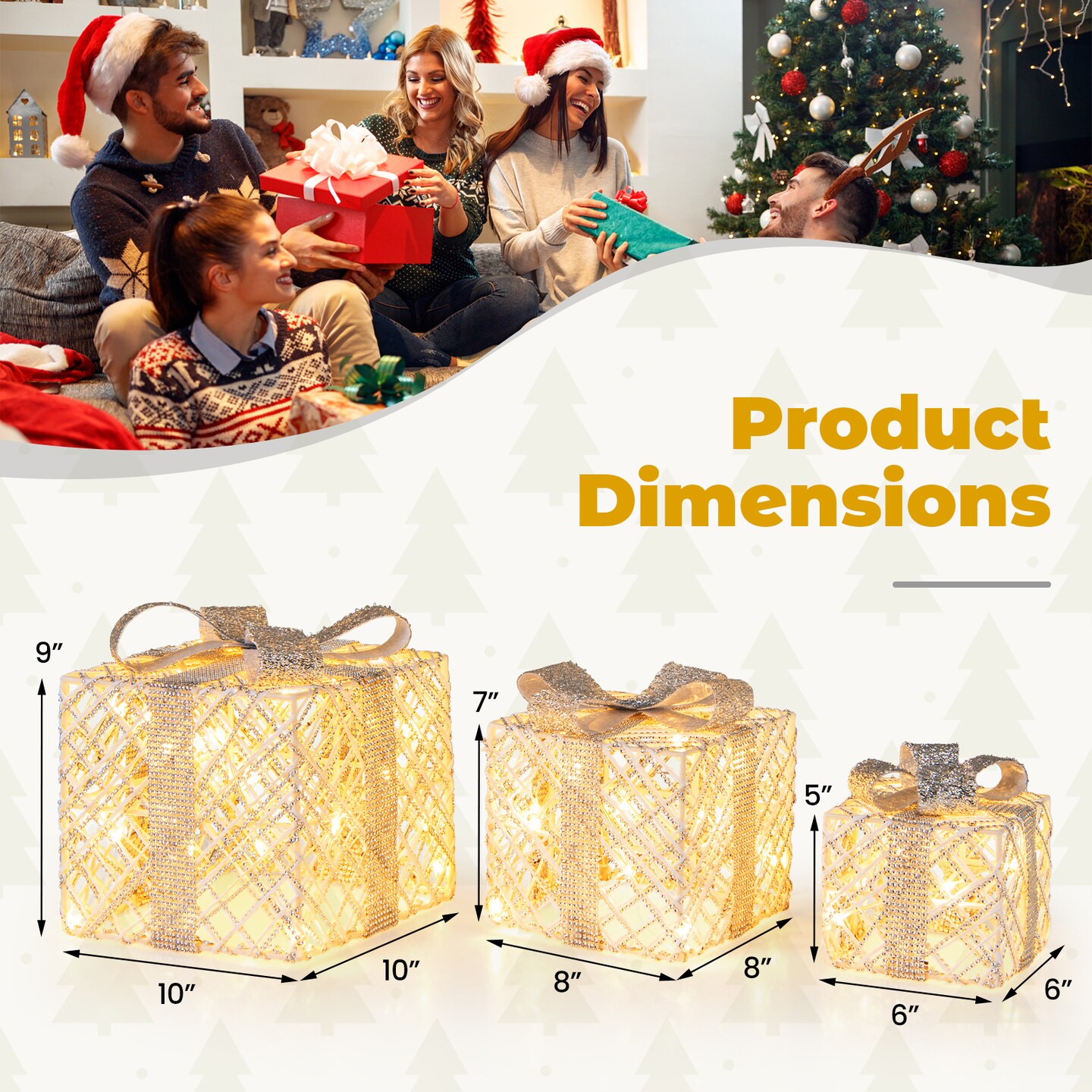 Christmas Lighted Gift Boxes 3 Pack with LED Lights and Removable Bows