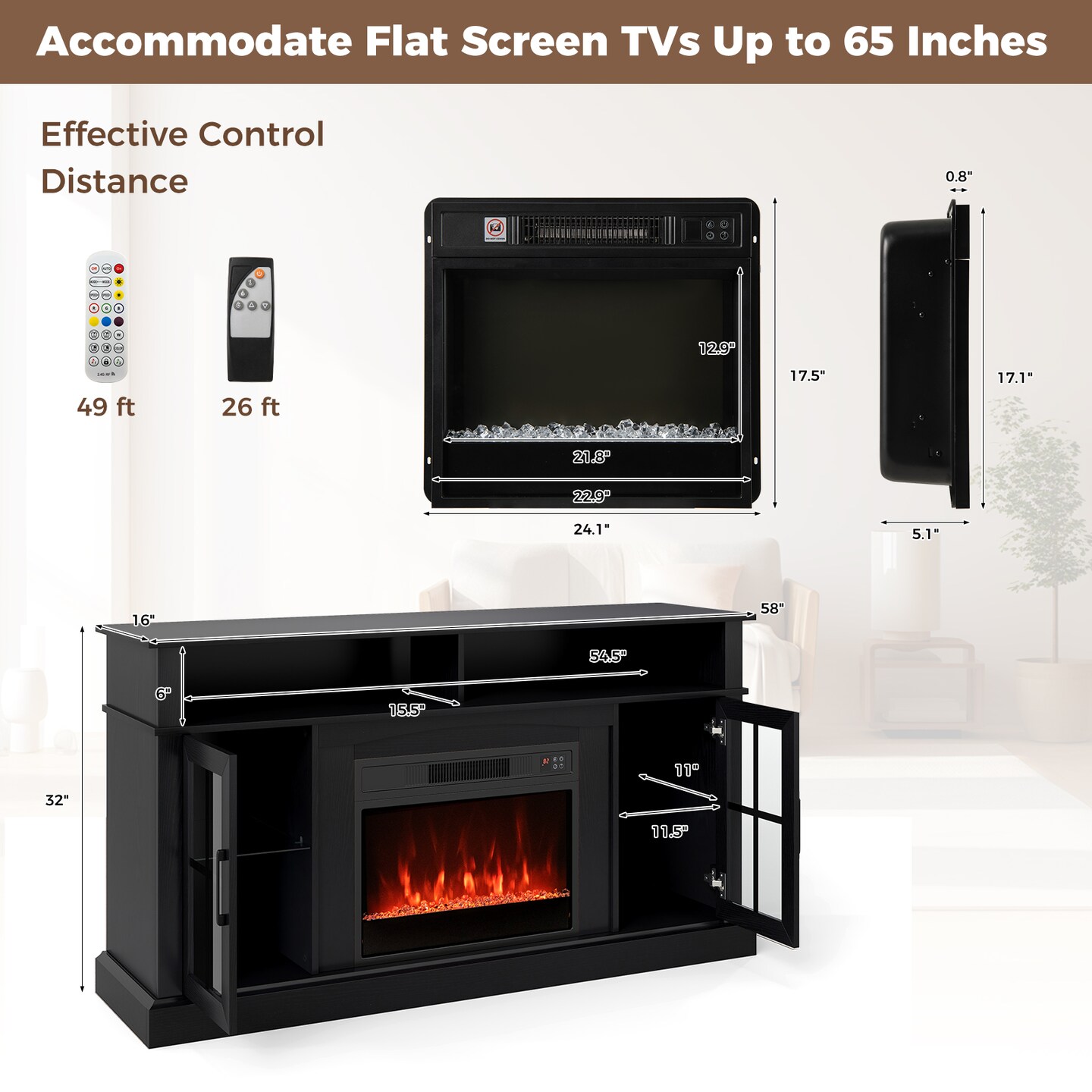 58" Black TV Stand with Electric Fireplace Smart LED Lights Adjustable Shelves and Storage Cabinet