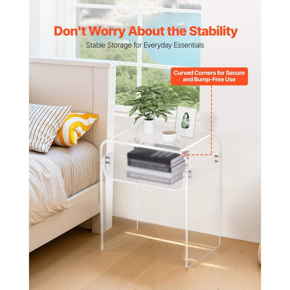 Acrylic Side Table 2 Tier Clear Bedside Table with Storage Shelf