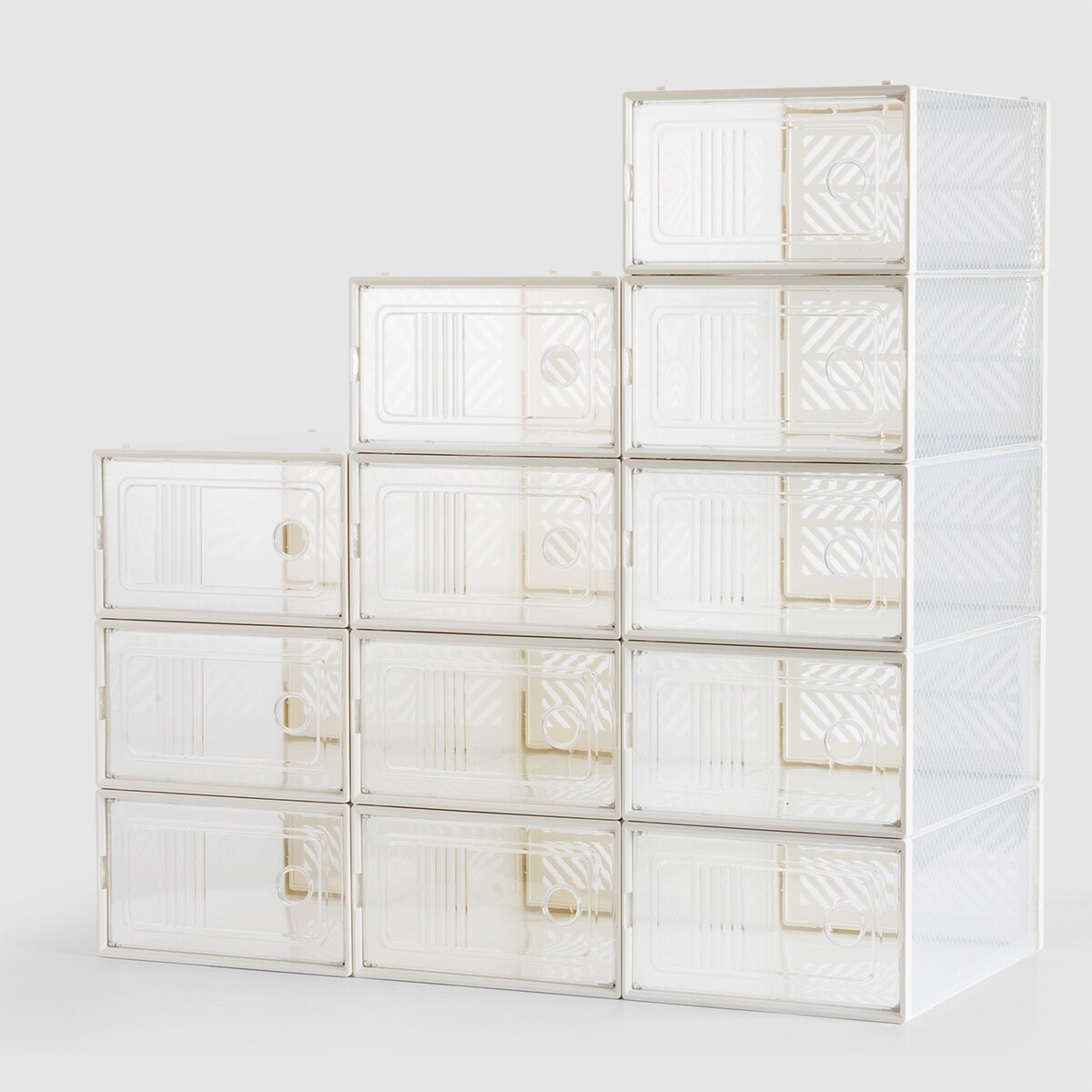 VUSIGN Large Clear Shoe Box Storage 13.4″ × 9.9″ × 7.4″ – Foldable Transparent Plastic Stackable Organizer (12‑Pack)