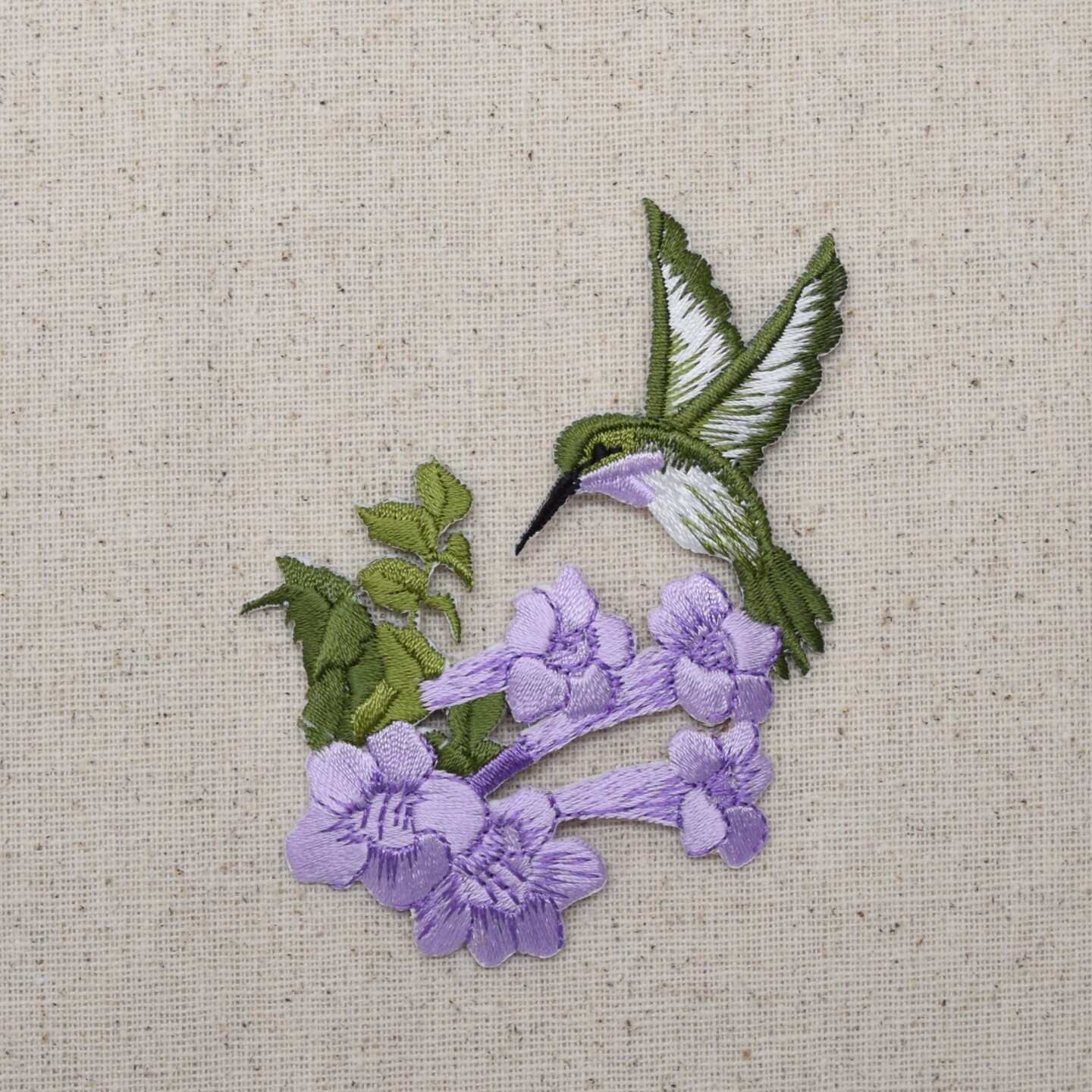 Hummingbird with Purple Flower Facing Left Embroidered Patch Embroidered, Iron on Patch