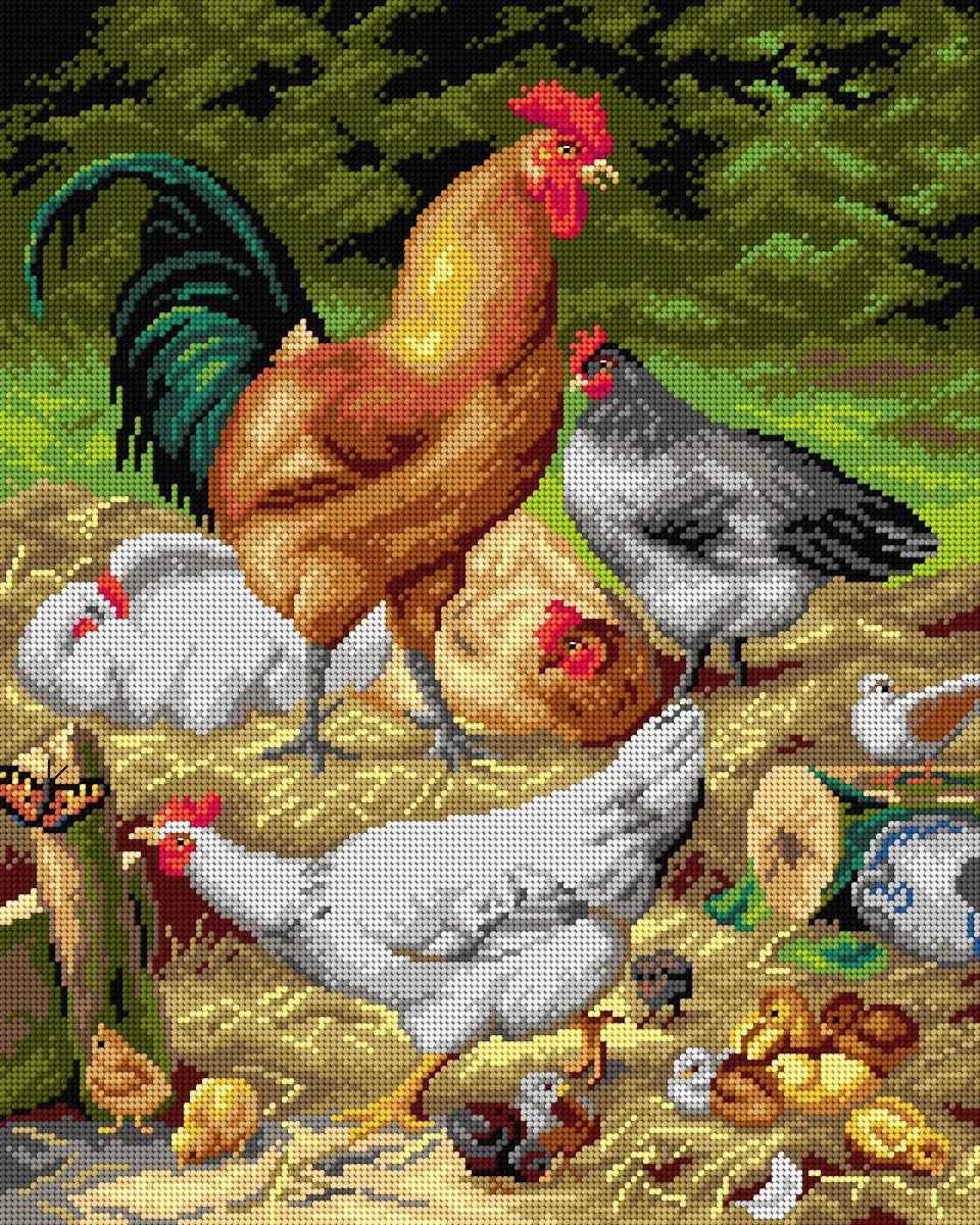After Eugene Remy Maes - Chickens Gobelin Canvas for Half Stitch