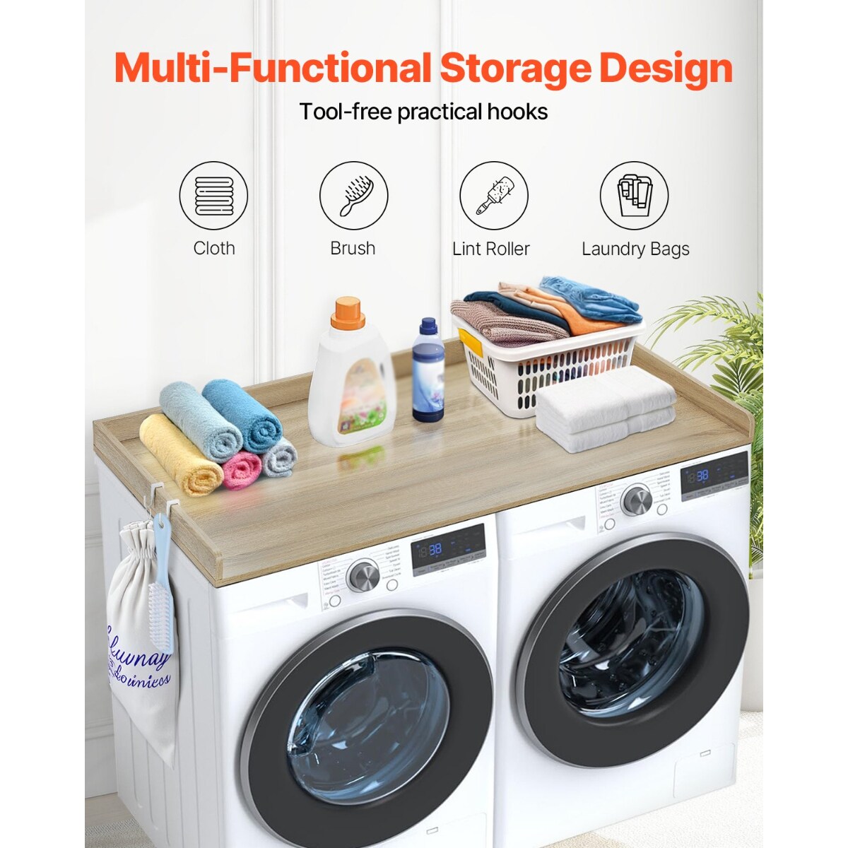 Oak Washer Dryer Countertop with Side Hooks 250 lbs Capacity P2 Particle Board