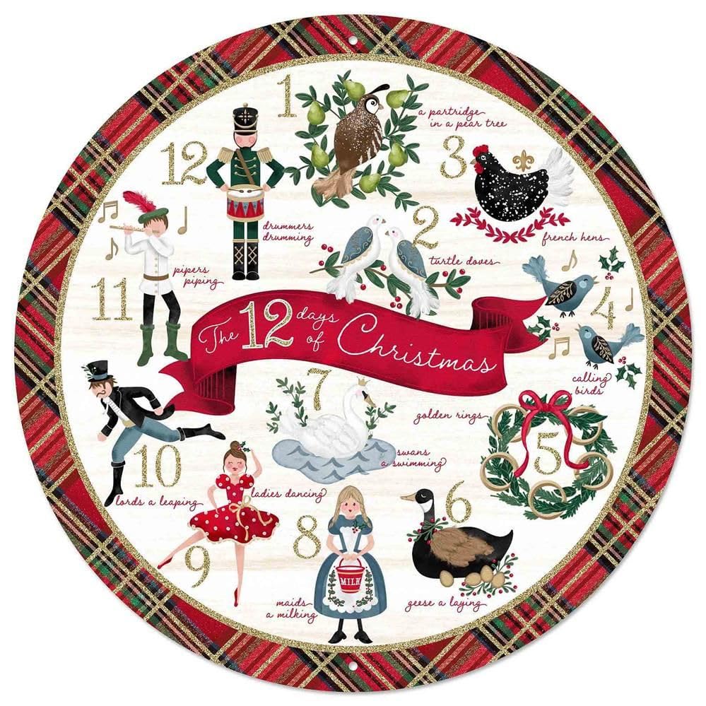 12" 12 Days of Christmas Wreath Plate Sign Centerpiece, Flat Round Metal - For Craft Accents and Decorations (White, Red, Multi, 12" Dia)