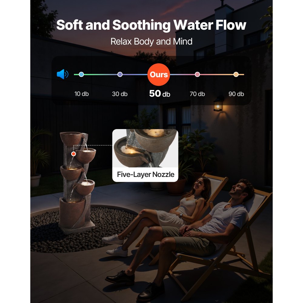 Iron Brown 5-Tier Water Fountain with Fiberglass Resin and LED Lights