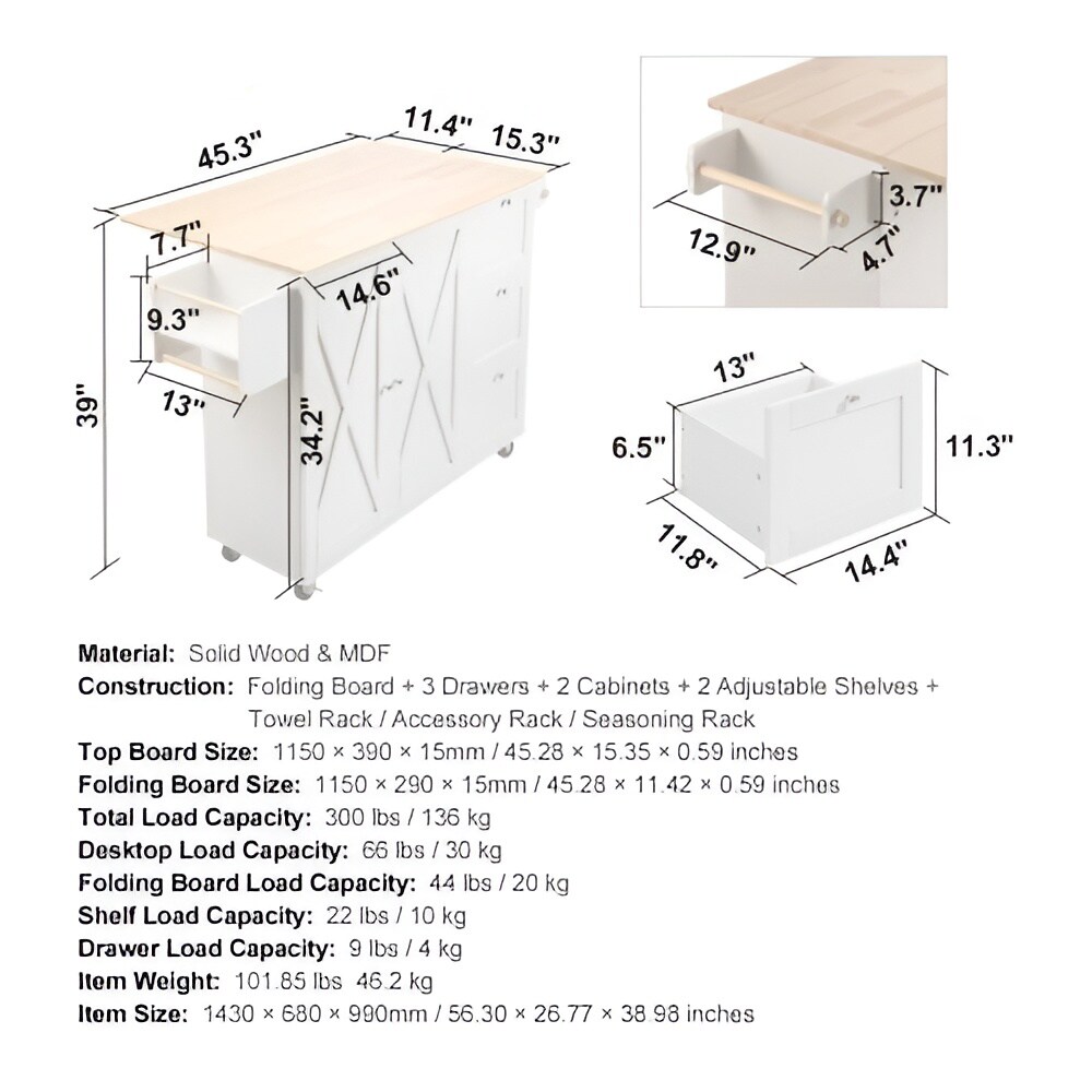 White Solid Wood and MDF Kitchen Island with Drop Leaf and Lockable Wheels