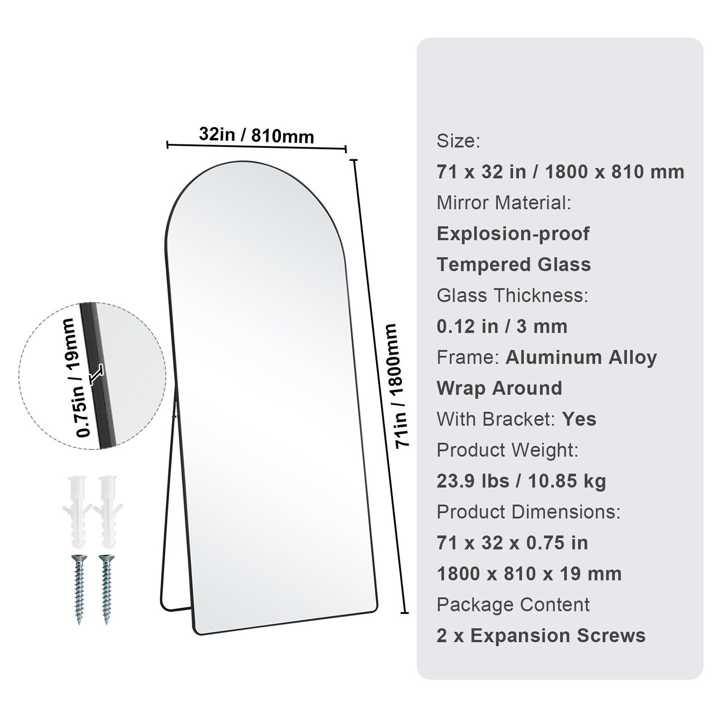 71-Inch Arched Full-Length Black Floor Mirror Explosion-Proof Tempered Glass