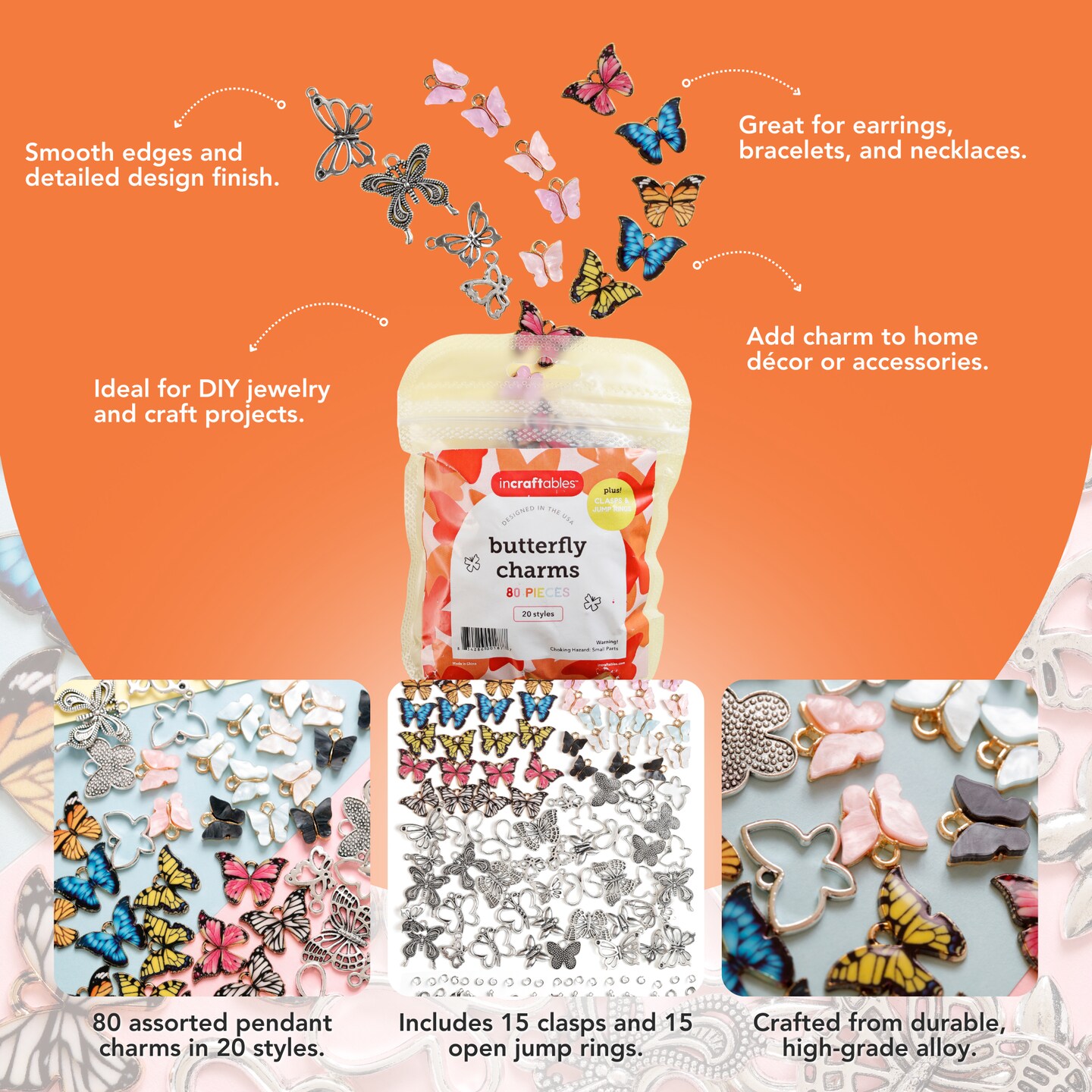 Incraftables Butterfly Charms Pendants for DIY Jewelry, Bracelets, Earring, Keychain & Necklace Making. Bulk Assorted Lot Pendant Charm set for Bracelet, Bangle & Crafting Supplies 80pcs (20 Styles)