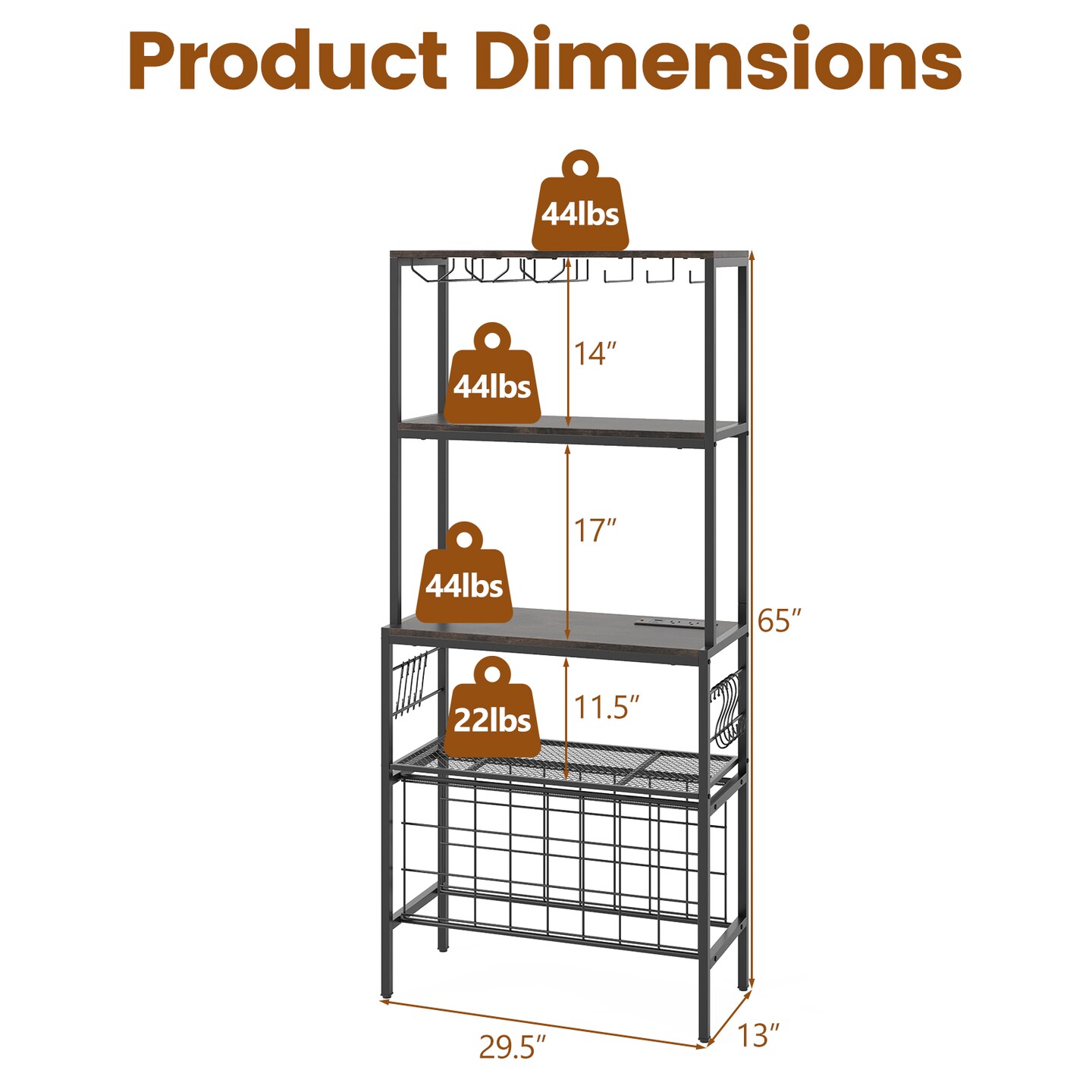 Wine Bar Rack with RGB LED Lights Built-in Power Strip and 3 Tier Storage Shelves for Kitchen or Dining Room