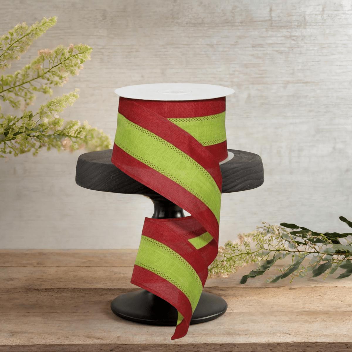 2.5&#x22; Tricolor Striped Ribbon: Red/Lime Green (10 Yards)