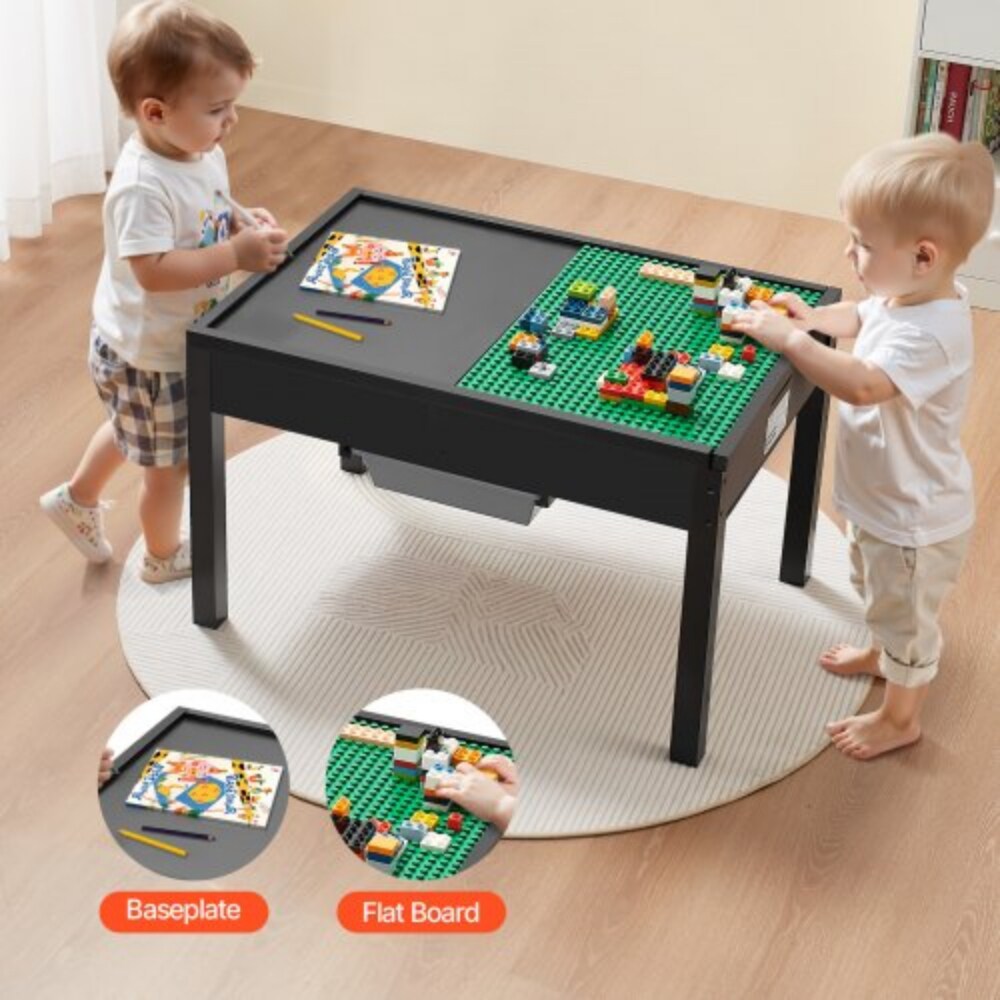 Kids Wooden Activity Table Double-Sided Building Blocks Table with 2 Storage Bins