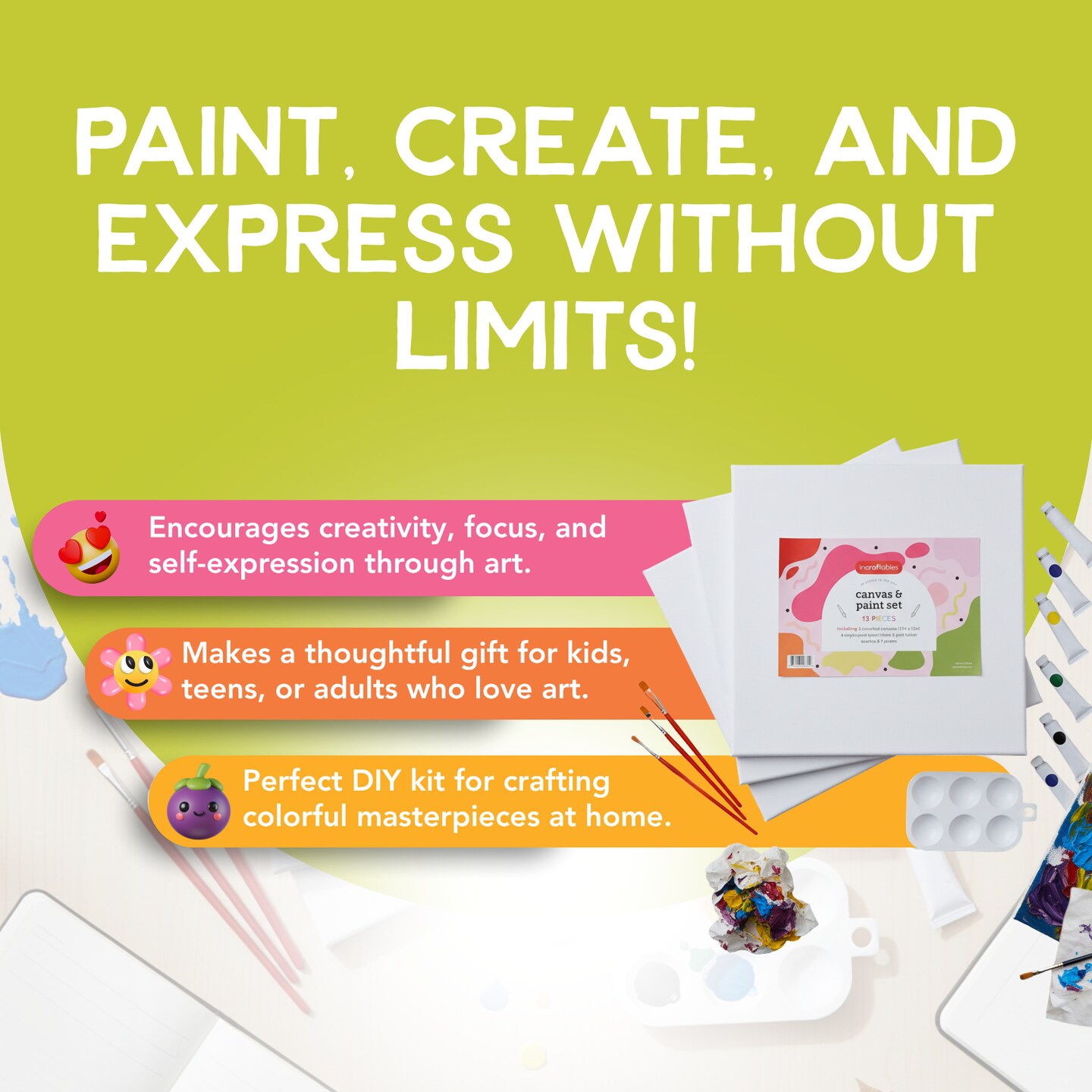 Incraftables Canvas and Paint set for Adults. Acrylic Painting Kit with 3 Canvases, 3 Brushes &#x26; 6 Acrylic Colors &#x26; Palette. Art Canvas Painting Kit for Kids. Premium Paint Kit for Artists &#x26; Beginners