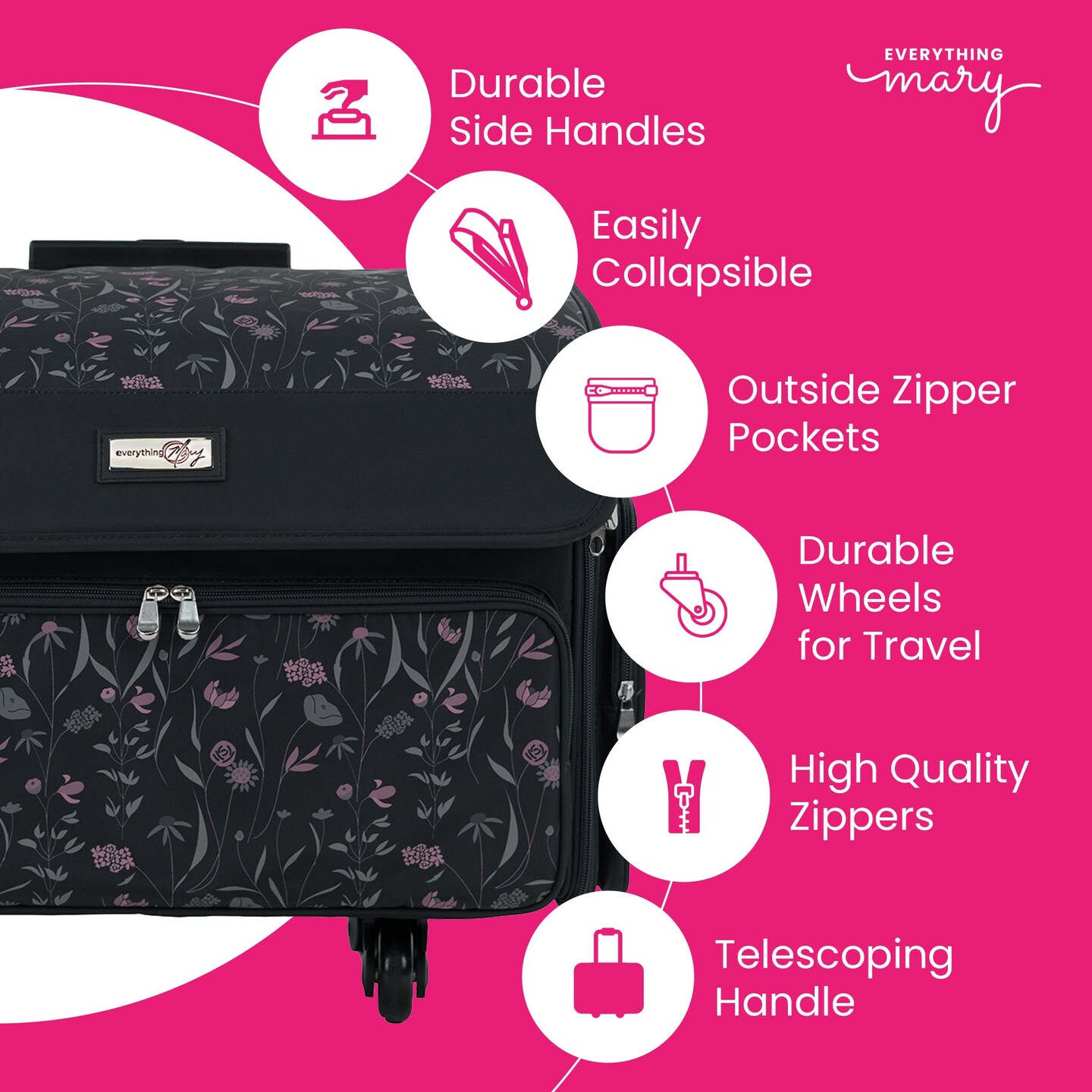 XL 4 Wheel Collapsible Deluxe Rolling Sewing Machine Storage Case, Black & Floral