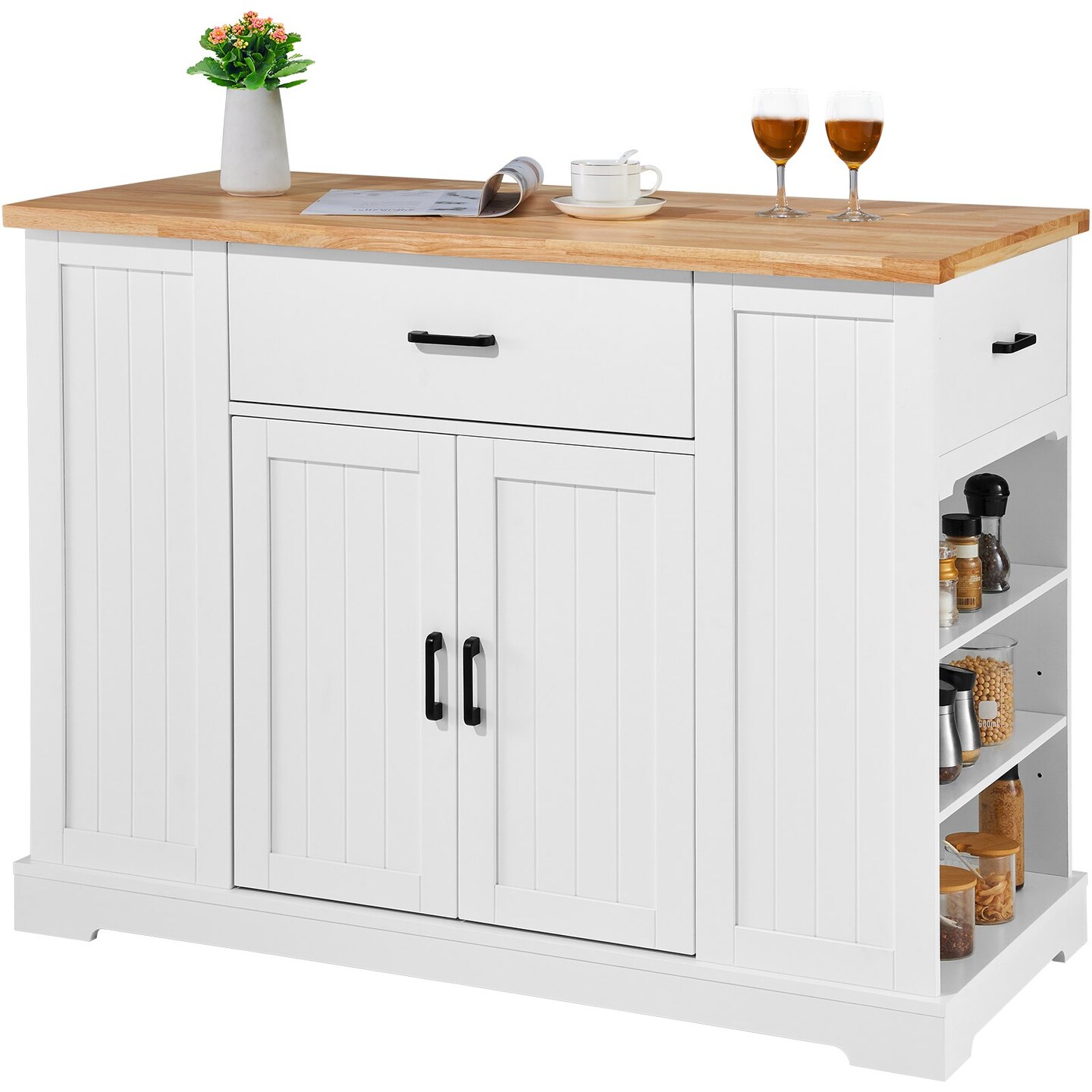 Wood Color-White Wood amd Metal Kitchen Island with Drawers and Shelves
